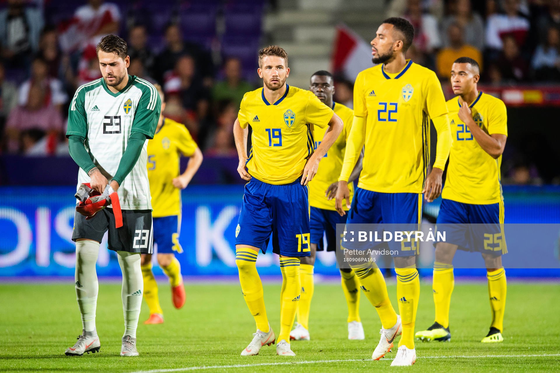 Goalkeeper Kristoffer Nordfeldt, Marcus Rohdén and Isaac Kiese Thelin of Sweden prior to the international friendly football match between Austria and Sweden on September 6, 2018 in Wien.