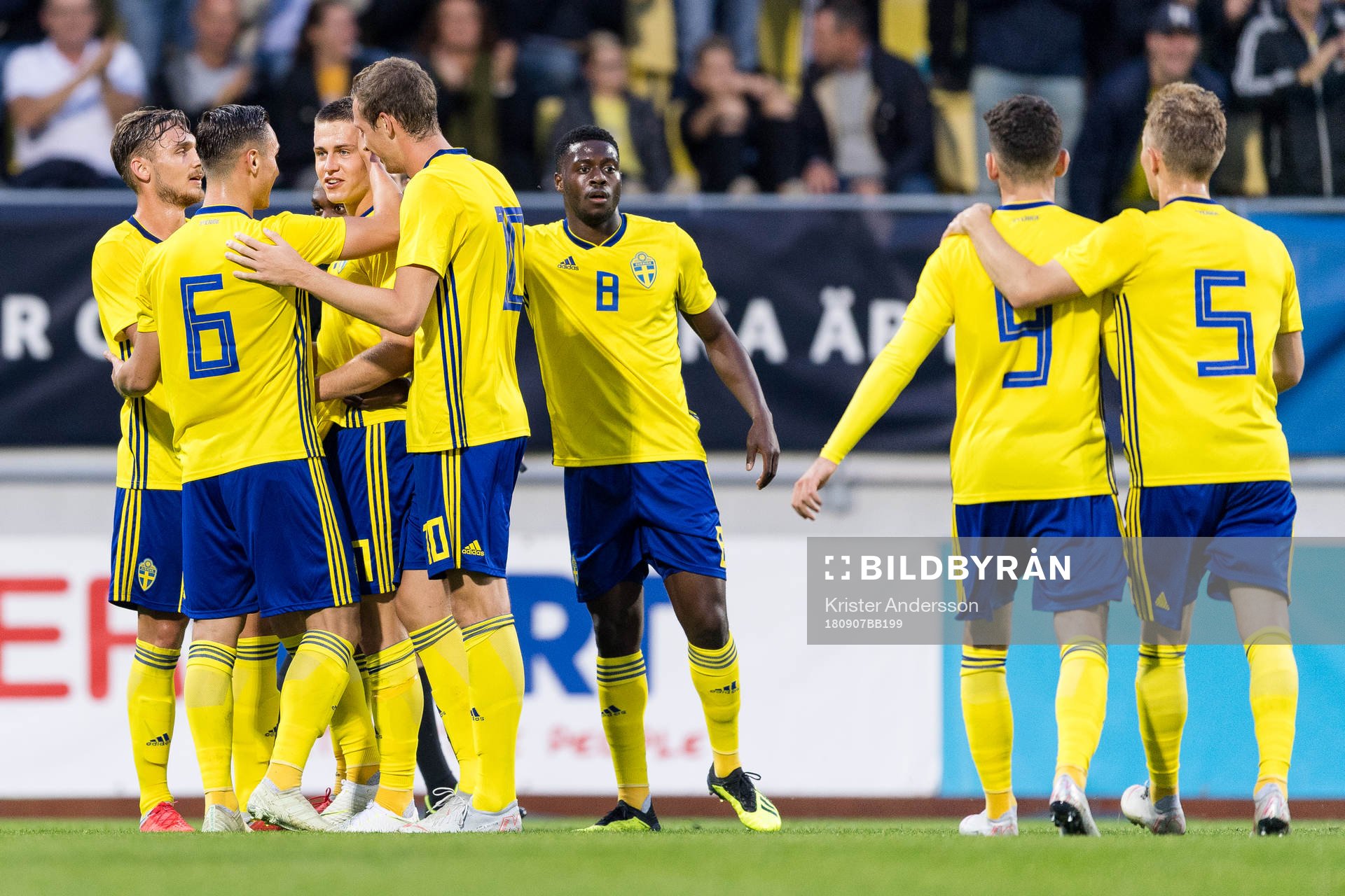 Sveriges spelare jublar efter EM-kvalmatchen i fotboll mellan Sverige och Ungern den 7 september 2018 i Falkenberg.