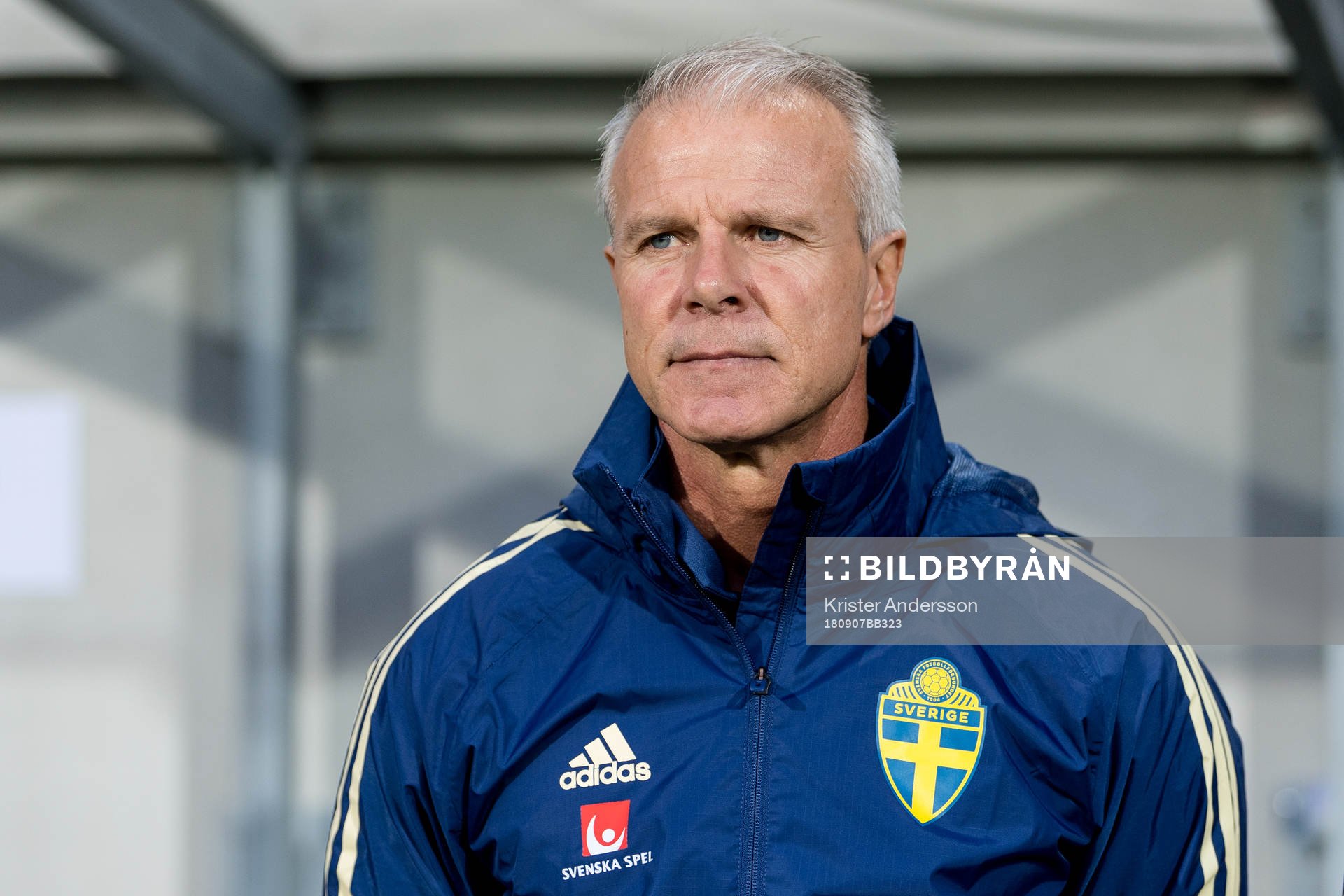 Sveriges förbundskapten Roland Nilsson före EM-kvalmatchen i fotboll mellan Sverige och Ungern den 7 september 2018 i Falkenberg.