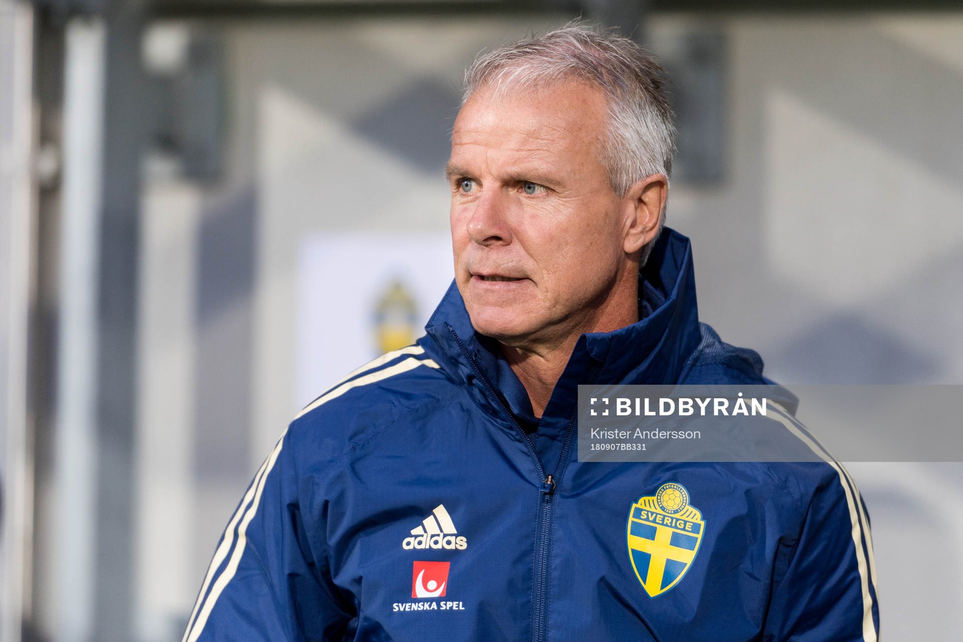 Sveriges förbundskapten Roland Nilsson före EM-kvalmatchen i fotboll mellan Sverige och Ungern den 7 september 2018 i Falkenberg.