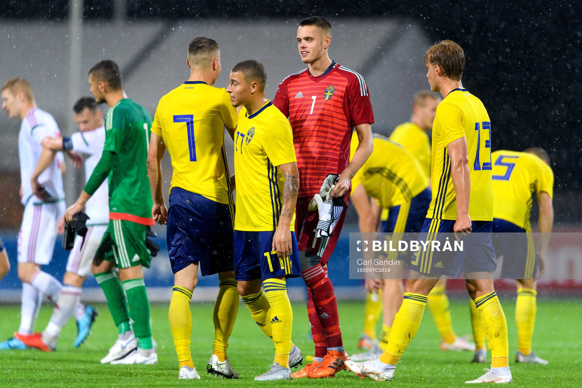 Sveriges Oscar Linnér jublar med sina lagkamrater