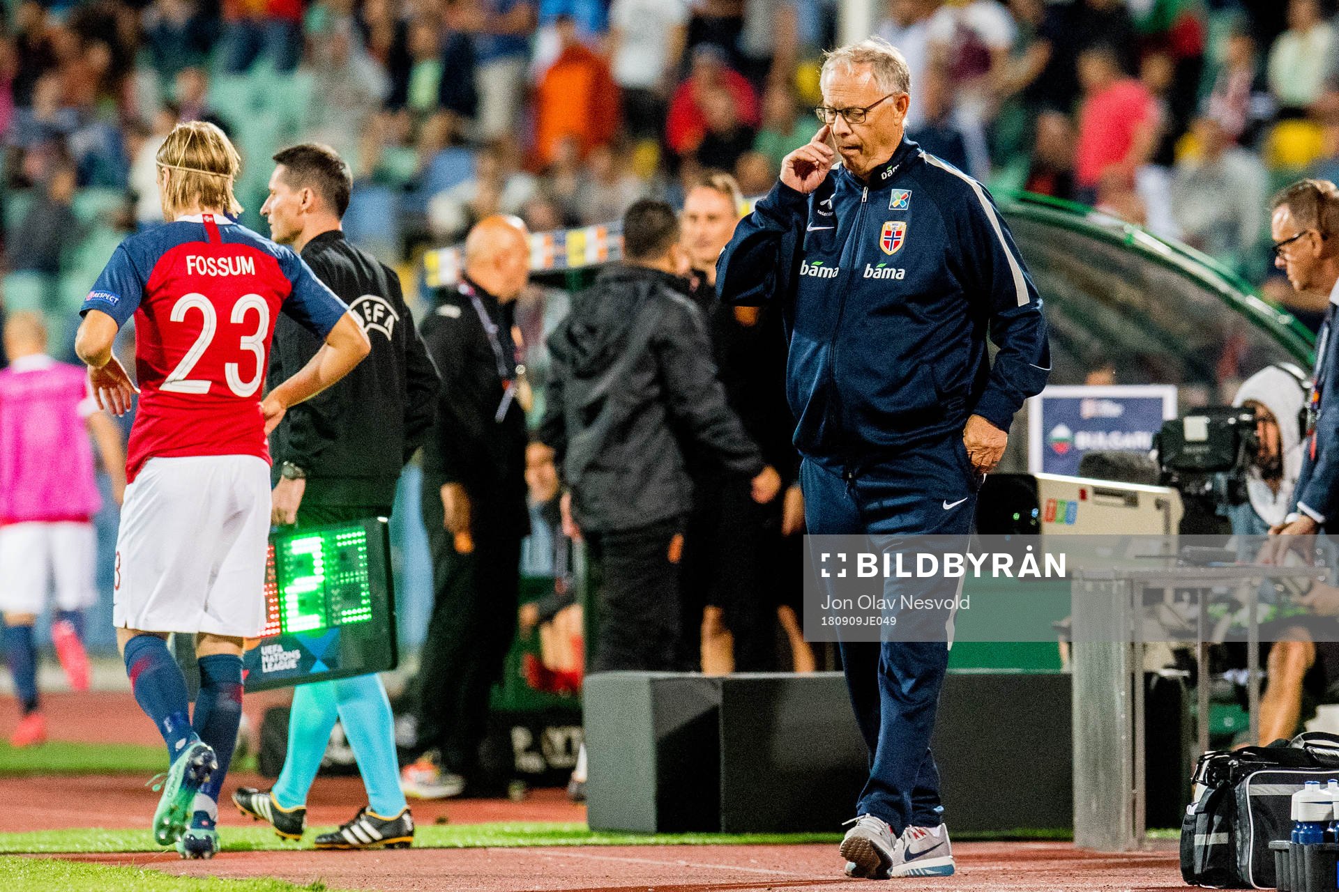 Lars Lagerbäck, head coach of Norway, looks dejected