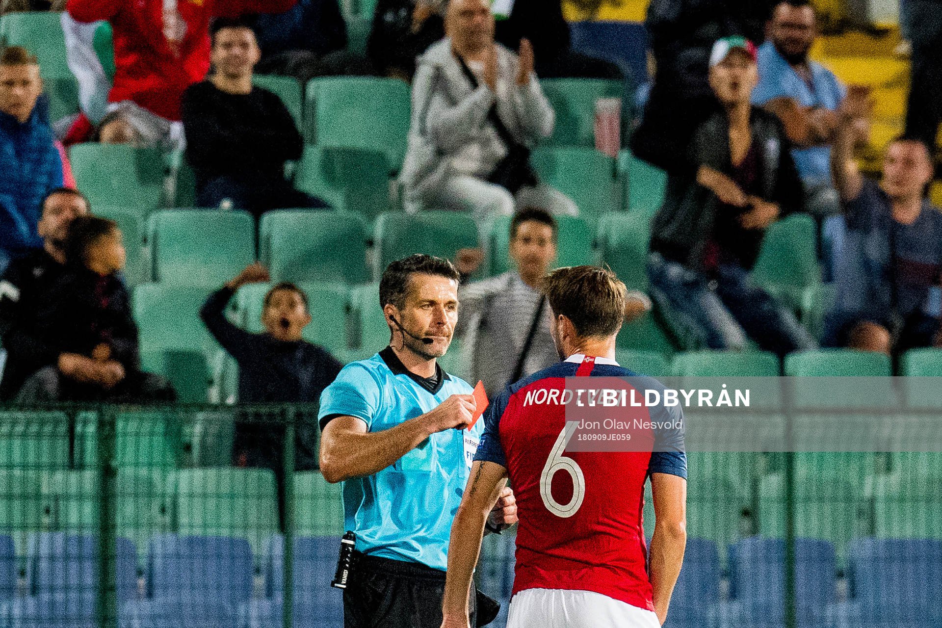 Referee Daniel Stefanski of Poland gives a red card to Håvard Nordtveit of Norway during the Nations League match between Bulgaria and Norway on September 9, 2018 in Sofia.