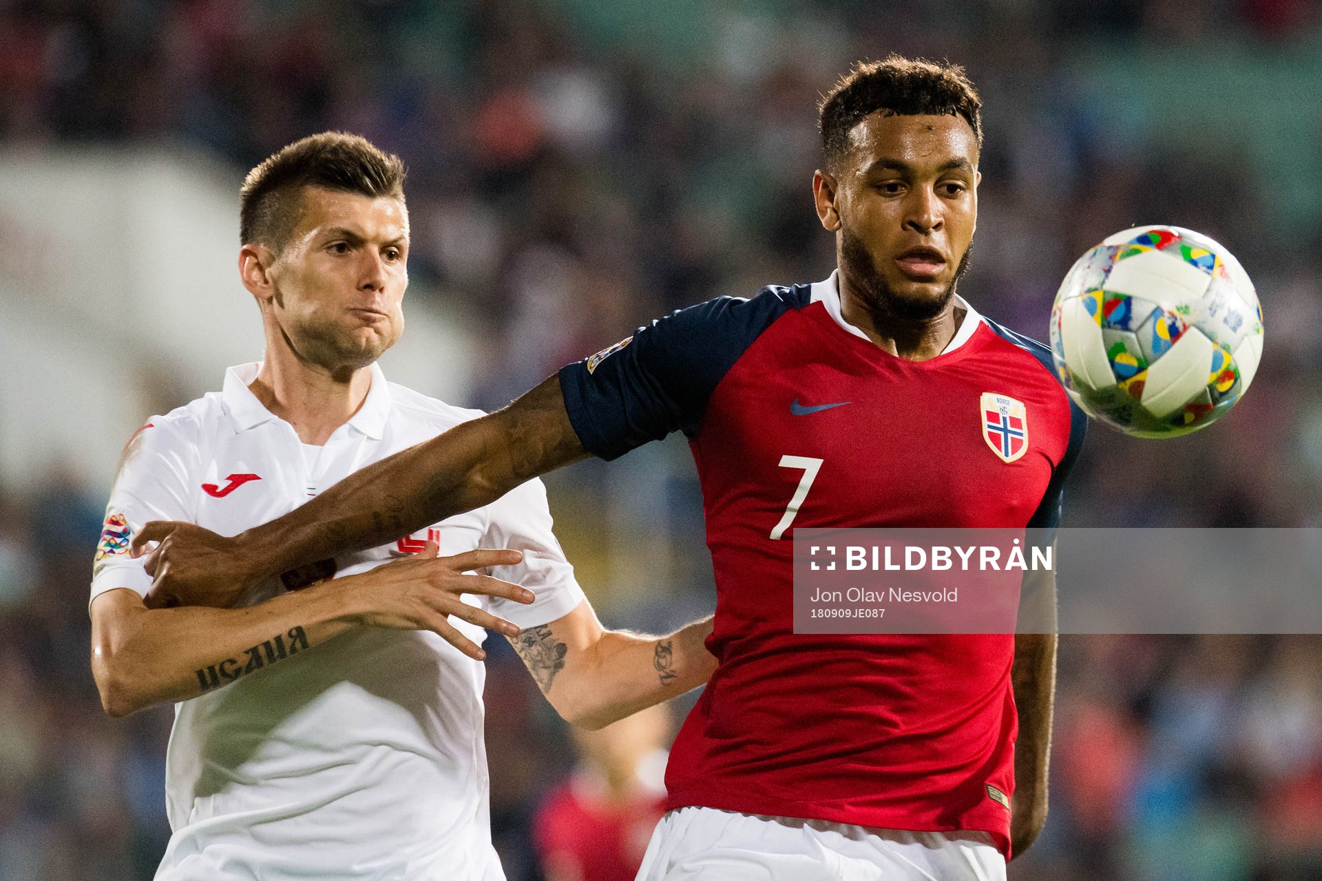 Strahil Popov of Bulgaria and Joshua King of Norway during the Nations League match between Bulgaria and Norway on September 9, 2018 in Sofia.