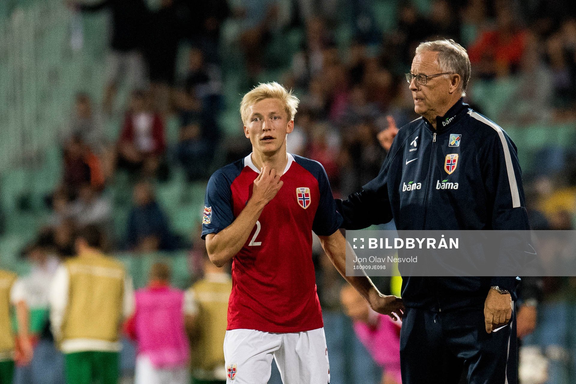 Birger Meling of Norway and Lars Lagerbäck, head coach of