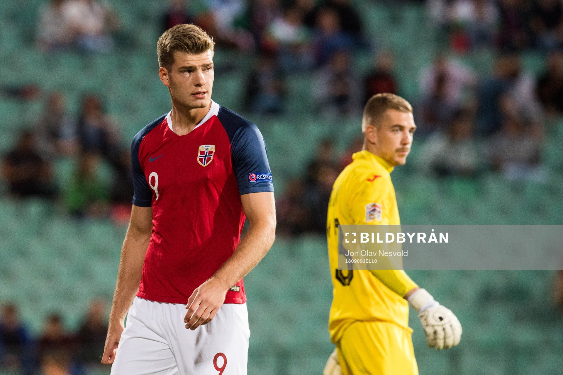Alexander Sørloth of Norway and goalkeeper Plamen Iliev of