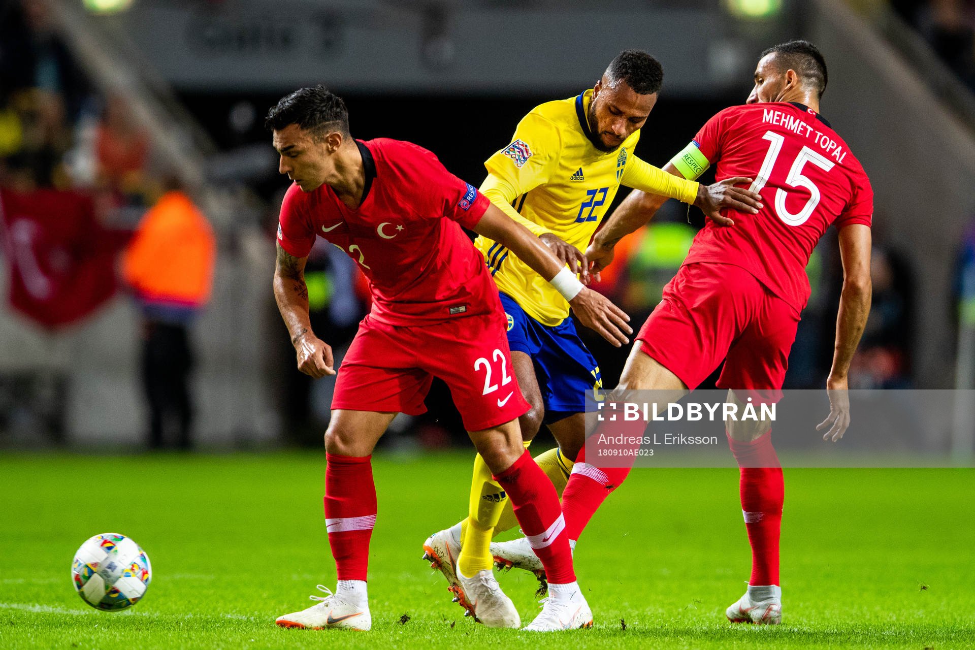 Kaan Ayhan and Mehmet Topal of Turkey against Isaac Kiese Thelin of Sweden during the Nations League match between Sweden and Turkey on september 10, 2018 in Stockholm.