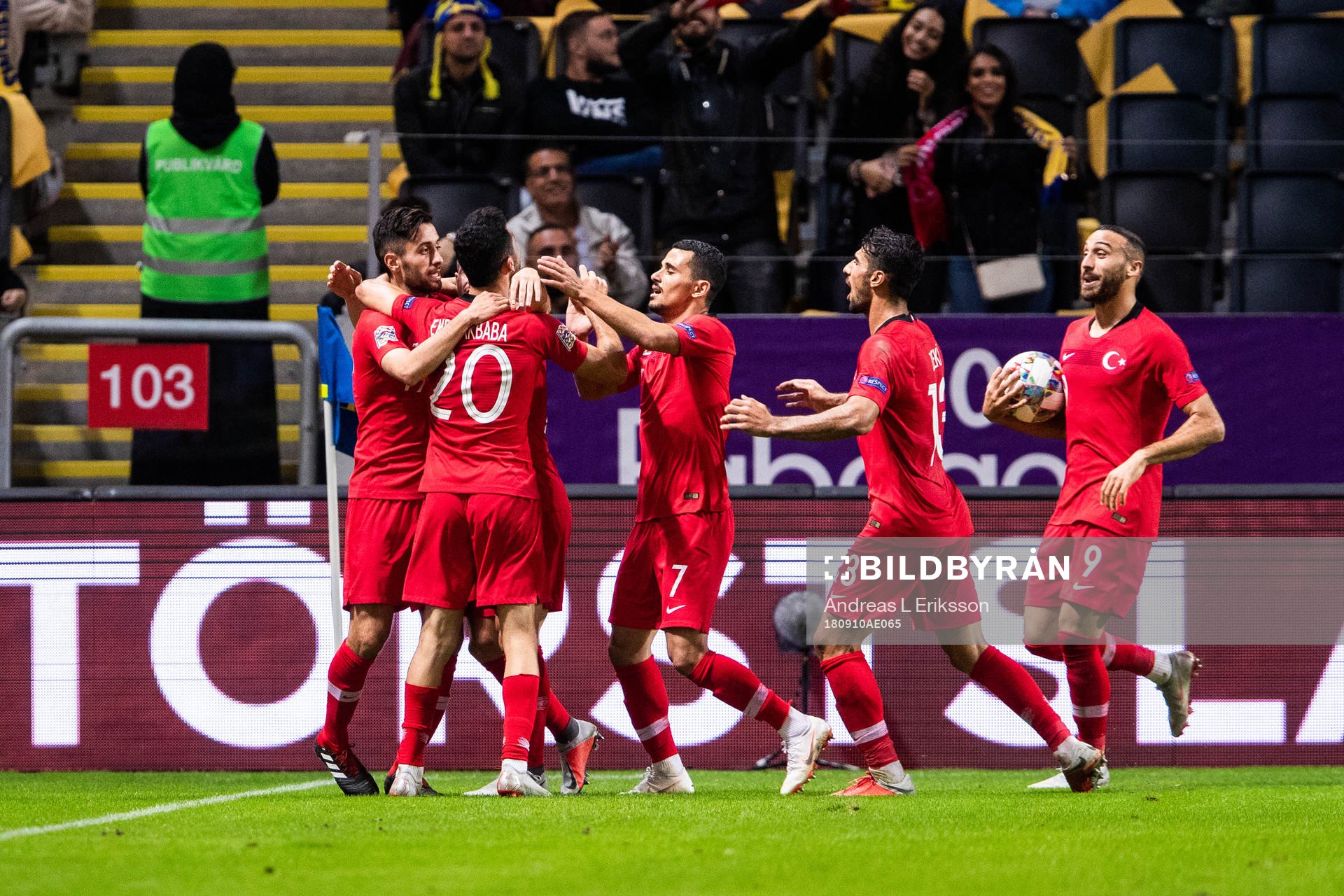 Emre Akbaba of Turkey celebrates with team mate after 2-2 during the Nations League match between Sweden and Turkey on september 10, 2018 in Stockholm.