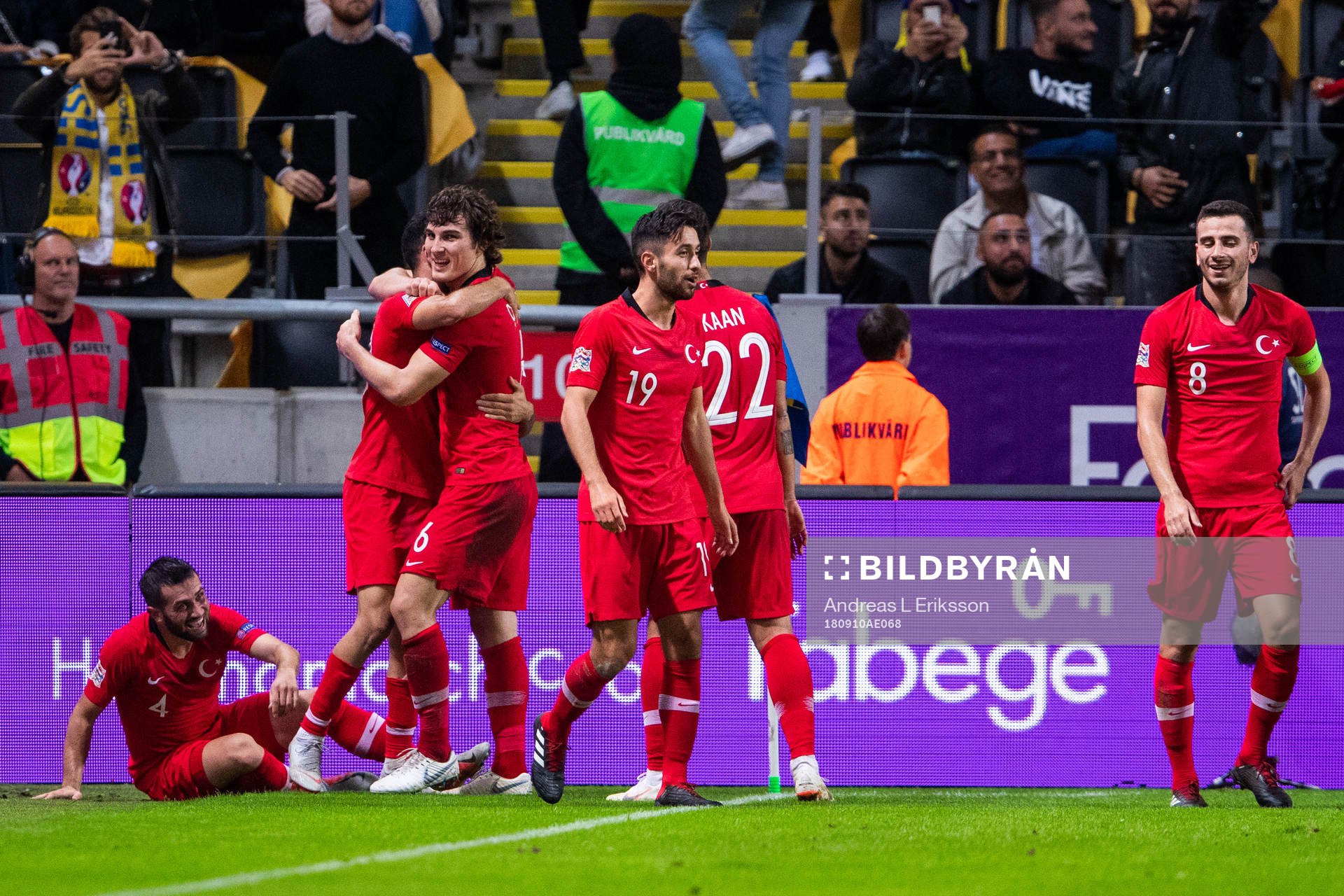 Emre Akbaba of Turkey celebrates with team mates after 3-2 during the Nations League match between Sweden and Turkey on september 10, 2018 in Stockholm.