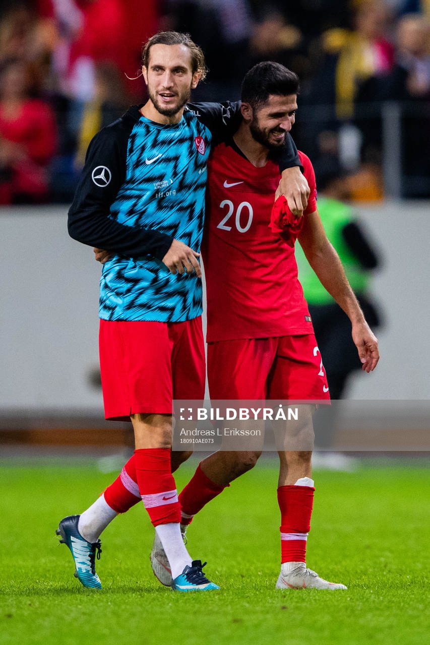 Emre Akbaba of Turkey celebrates with team mate after the Nations League match between Sweden and Turkey on september 10, 2018 in Stockholm.