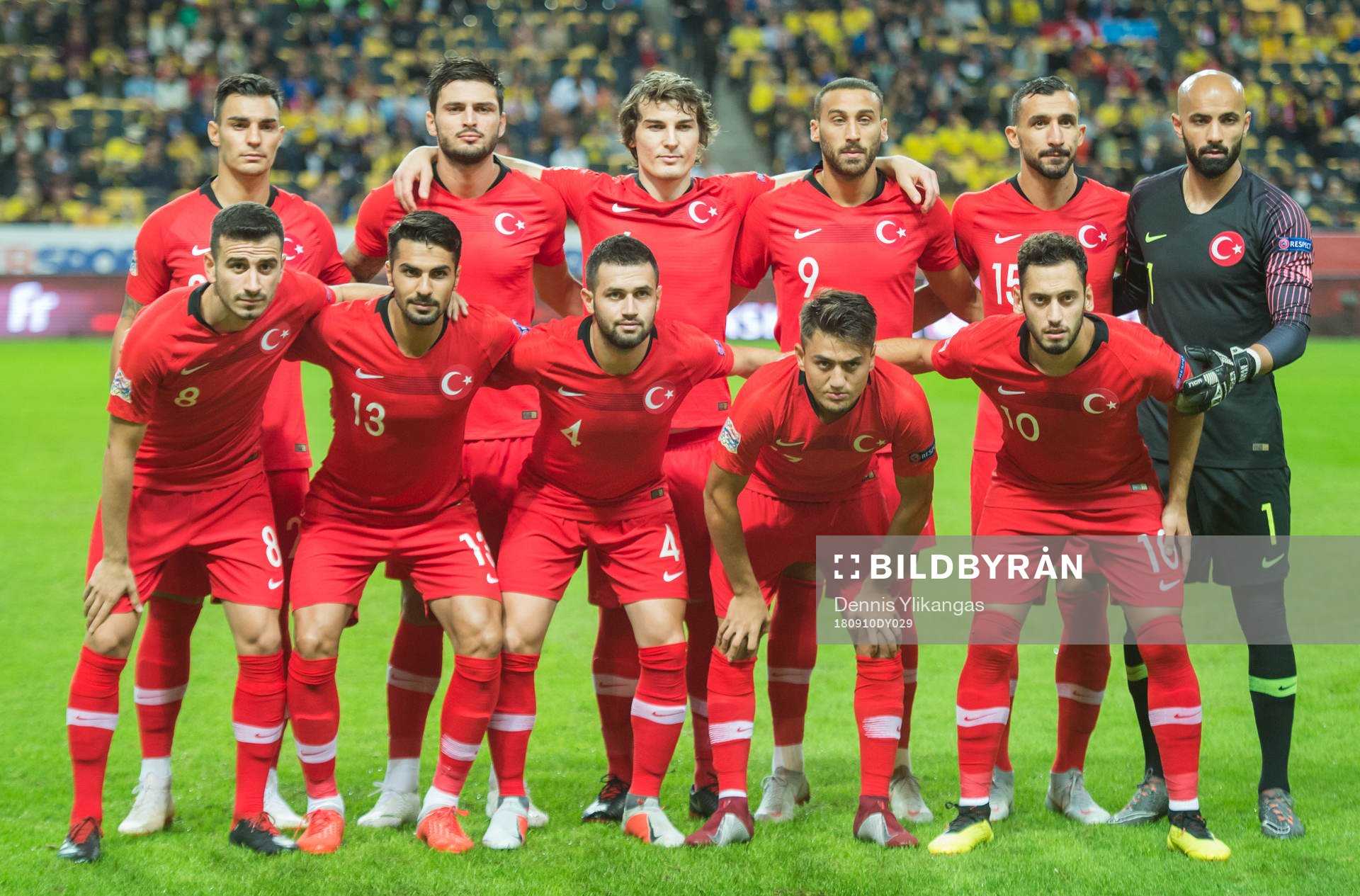 Kaan Ayhan, Okay Yokuslu, Caglar Söyuncu, Cenk Tosun, Mehmet Topal, Oguzhan Özyakup, Zeki Celik, Ömer Bayram, Cengiz Under, Hakan Calhanoglu of Turkey before the Nations League match between Sweden and Turkey on september 10, 2018 in Stockholm.