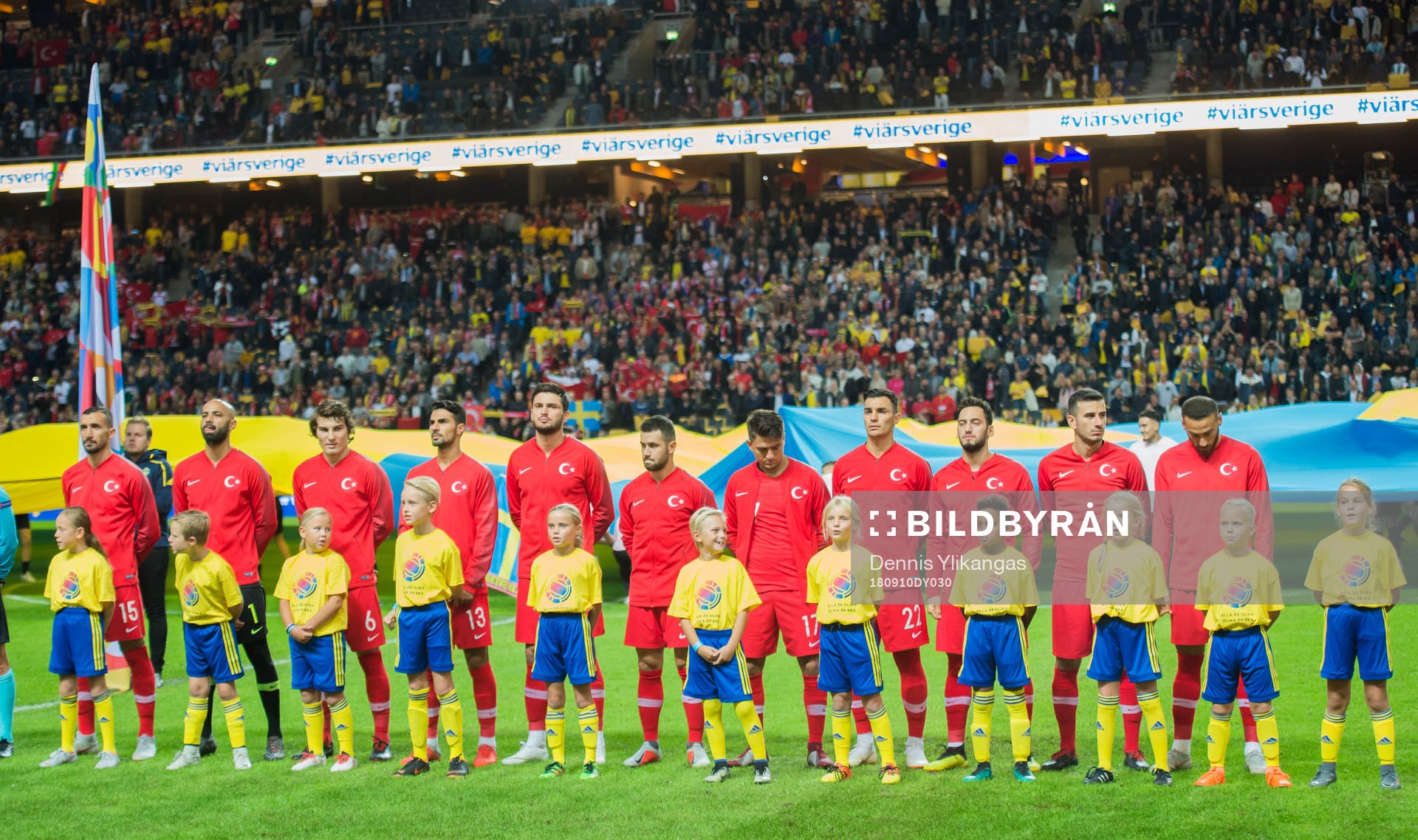 Starting eleven Kaan Ayhan, Okay Yokuslu, Caglar Söyuncu, Cenk Tosun, Mehmet Topal, Oguzhan Özyakup, Zeki Celik, Ömer Bayram, Cengiz Under, Hakan Calhanoglu of Turkey during the Nations League match between Sweden and Turkey on september 10, 2018 in Stockholm.