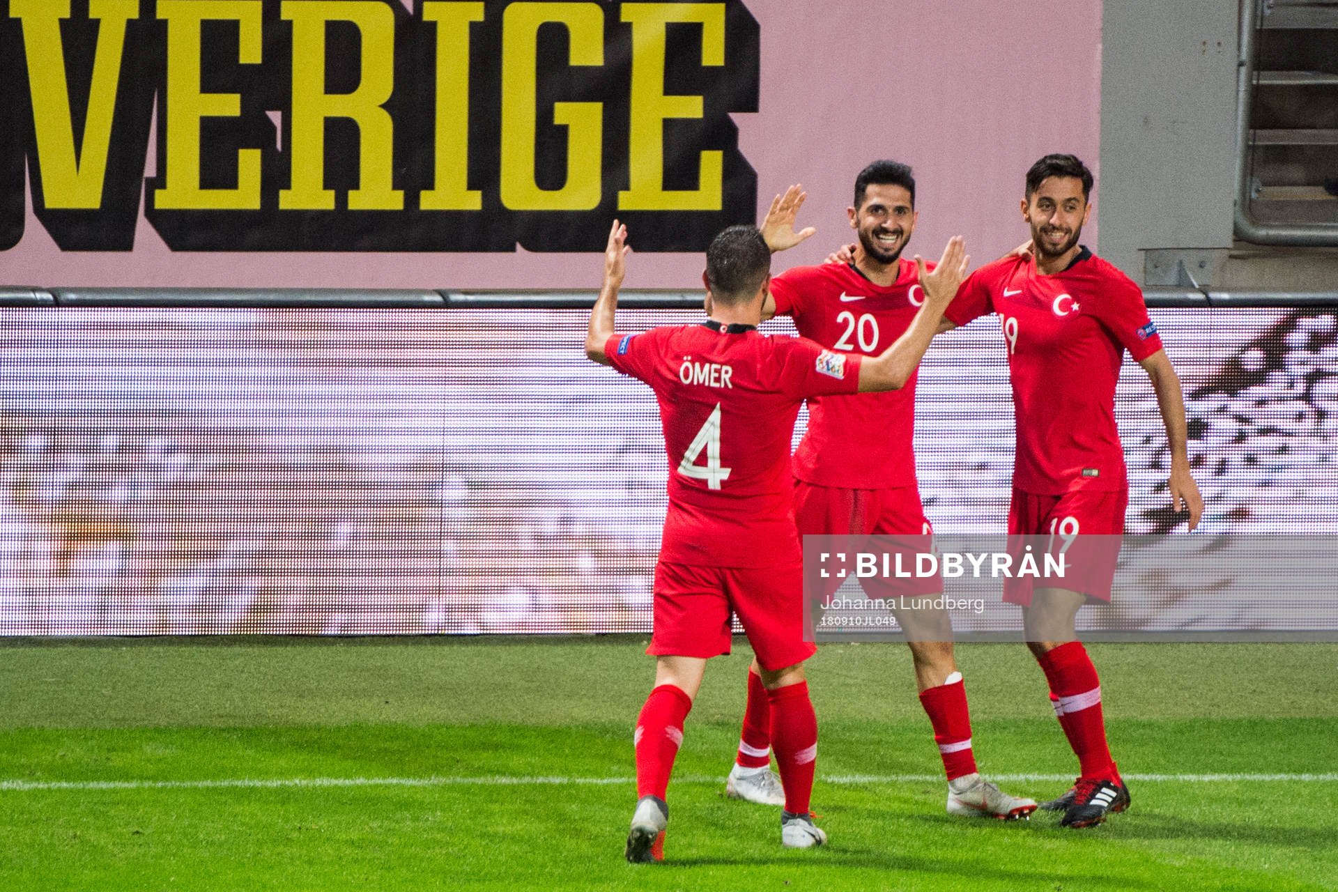 Emre Akbaba of Turkey celebrates with team mates after scoring the 2-2 goal during the Nations League match between Sweden and Turkey on september 10, 2018 in Stockholm.