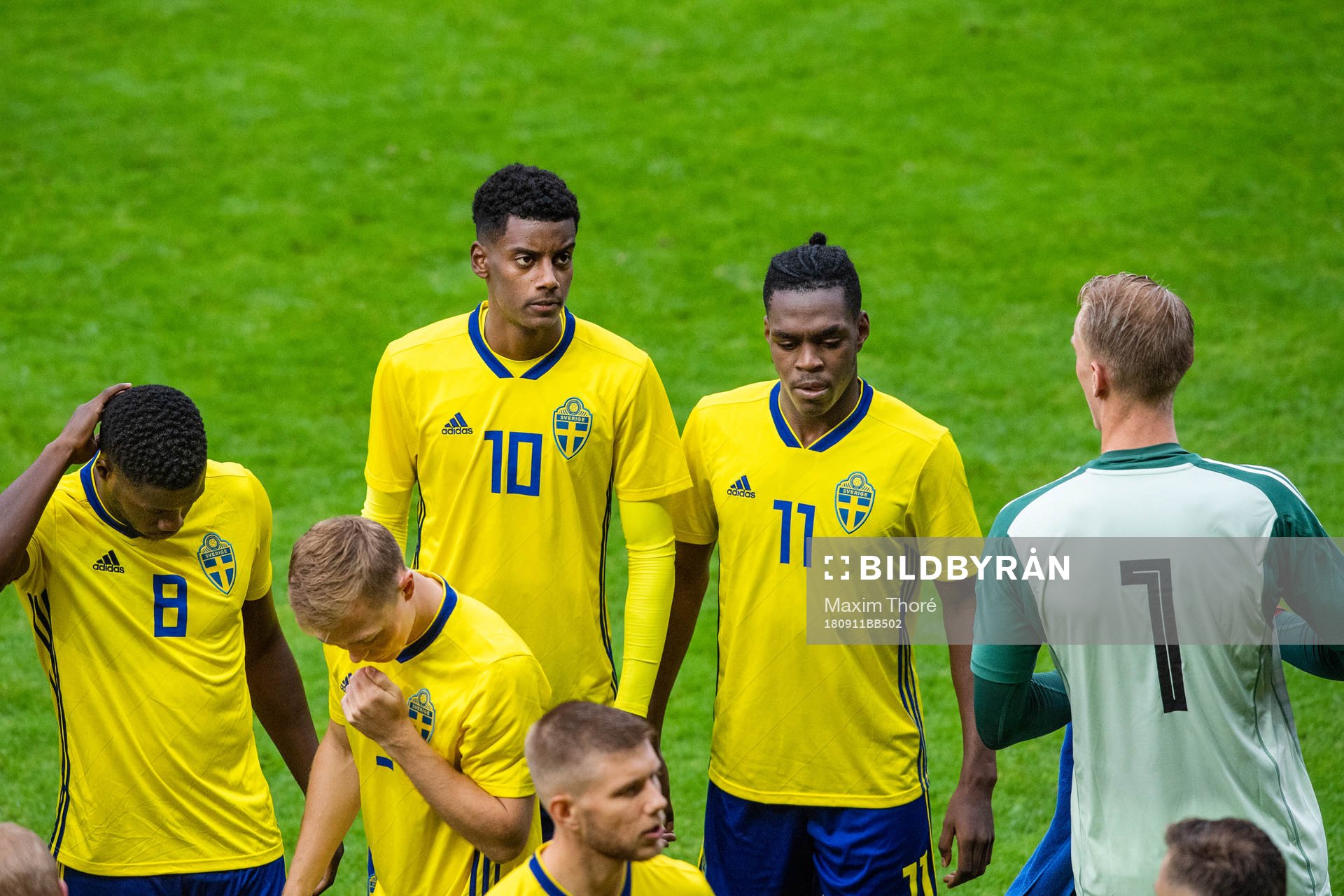 Sveriges Isak Ssewankambo, Joel Andersson, Alexander Isak, Joel Asoro och målvakt Pontus Dahlberg inför EM-kvalmatchen i fotboll mellan Sverige och Turkiet den 11 september 2018 i Helsingborg.