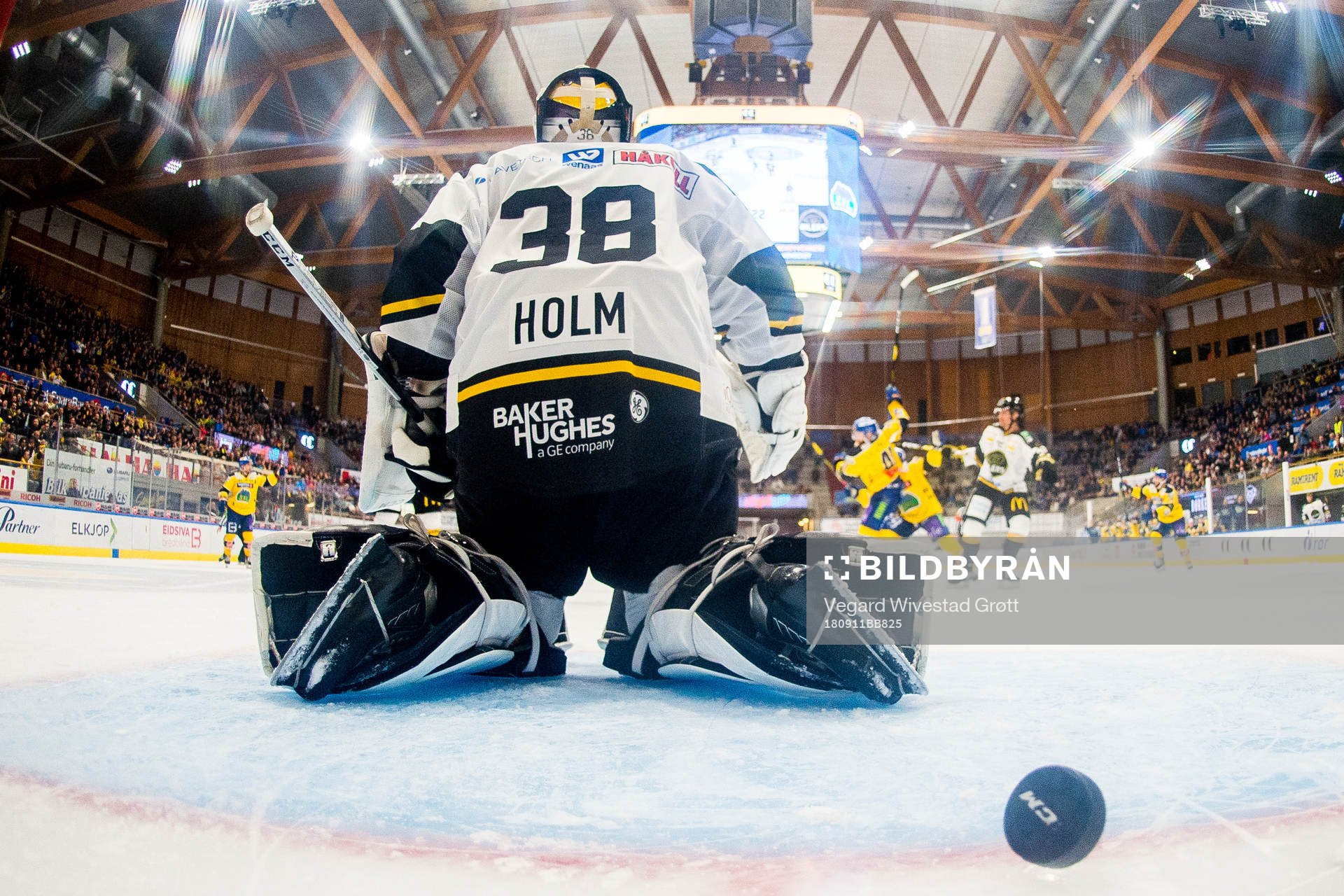 Goaltender Henrik Holm of Stavanger Oilers lets in 1-2