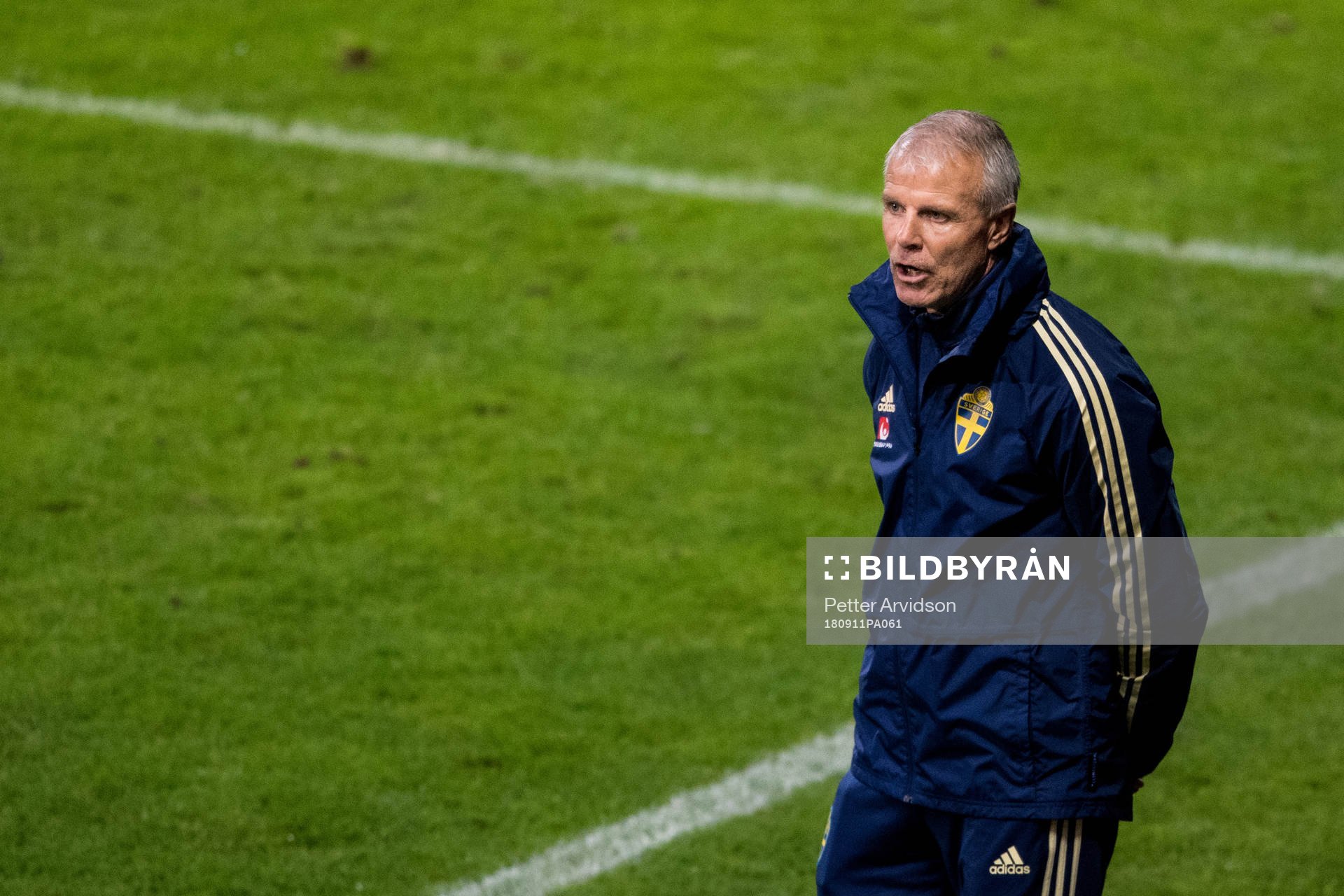 Sveriges förbundskapten Roland Nilsson under EM-kvalmatchen i fotboll mellan Sverige och Turkiet den 11 september 2018 i Helsingborg.