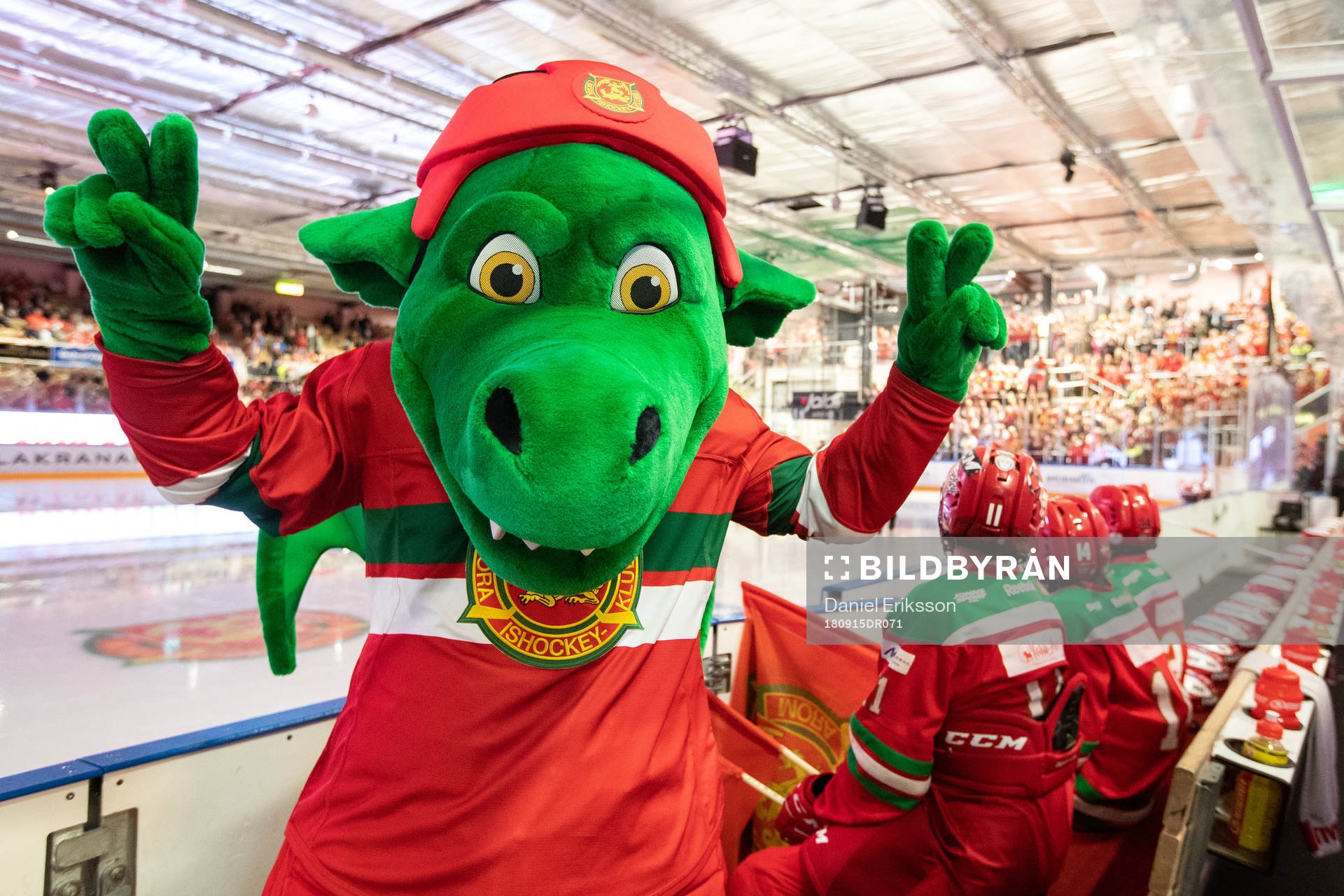 Moras maskot Draken i ishockeymatchen i SHL mellan Mora och