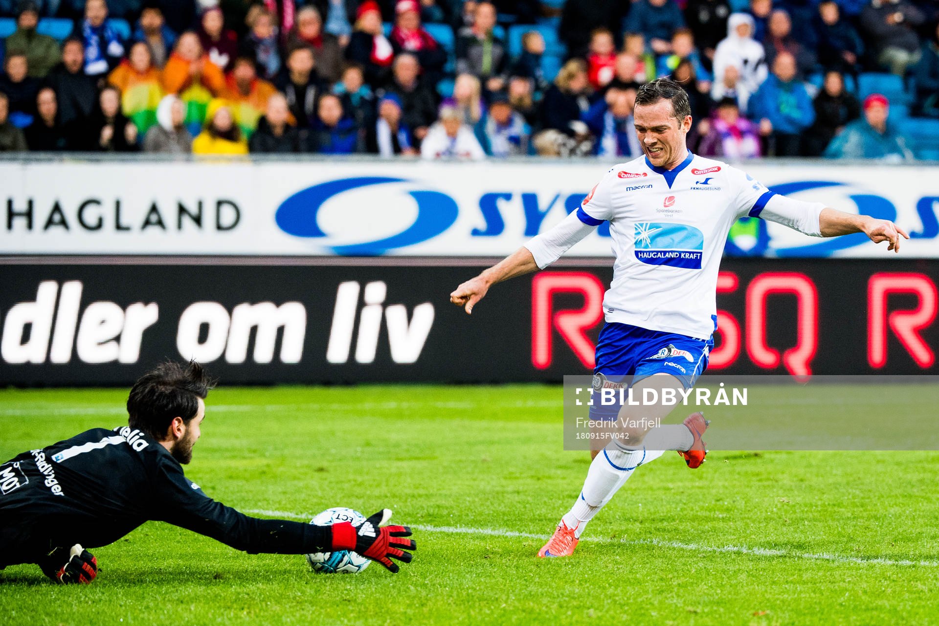 Kristoffer Haraldseid of Haugesund misses a chance
