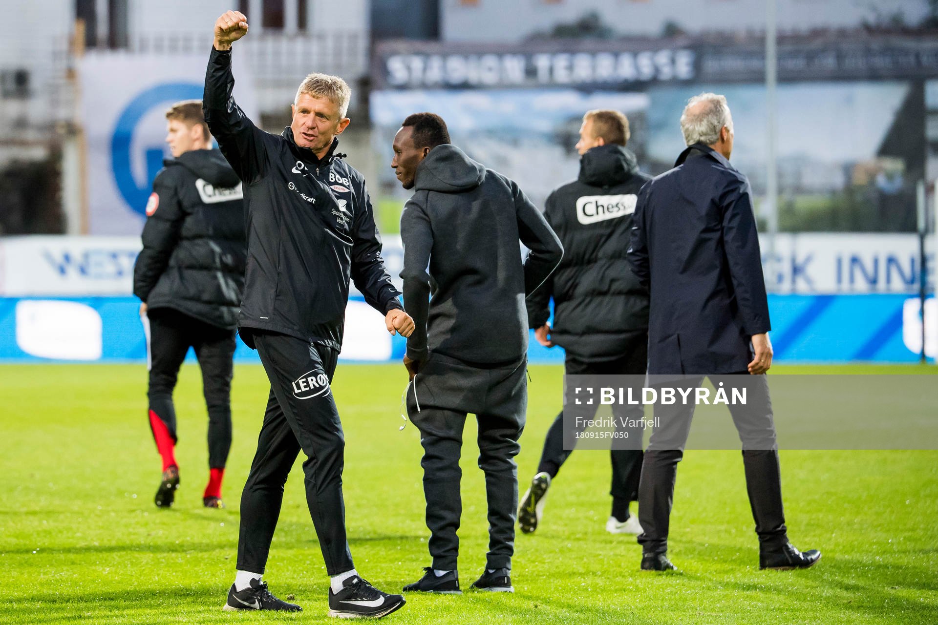 Lars Arne Nilsen, head coach of Brann, celebrates after the Eliteserien match between Haugesund and Brann on September 15, 2018 in Haugesund.