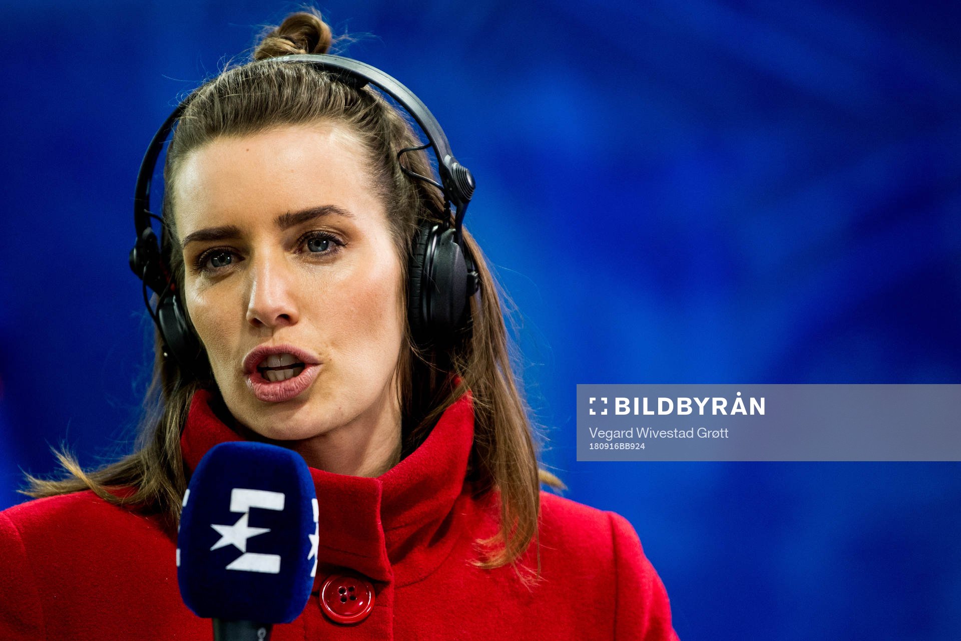 Susanne Furøy Wergeland, TV reporter, ahead of the Eliteserien match between Vålerenga and Rosenborg on September 16, 2018 in Oslo.