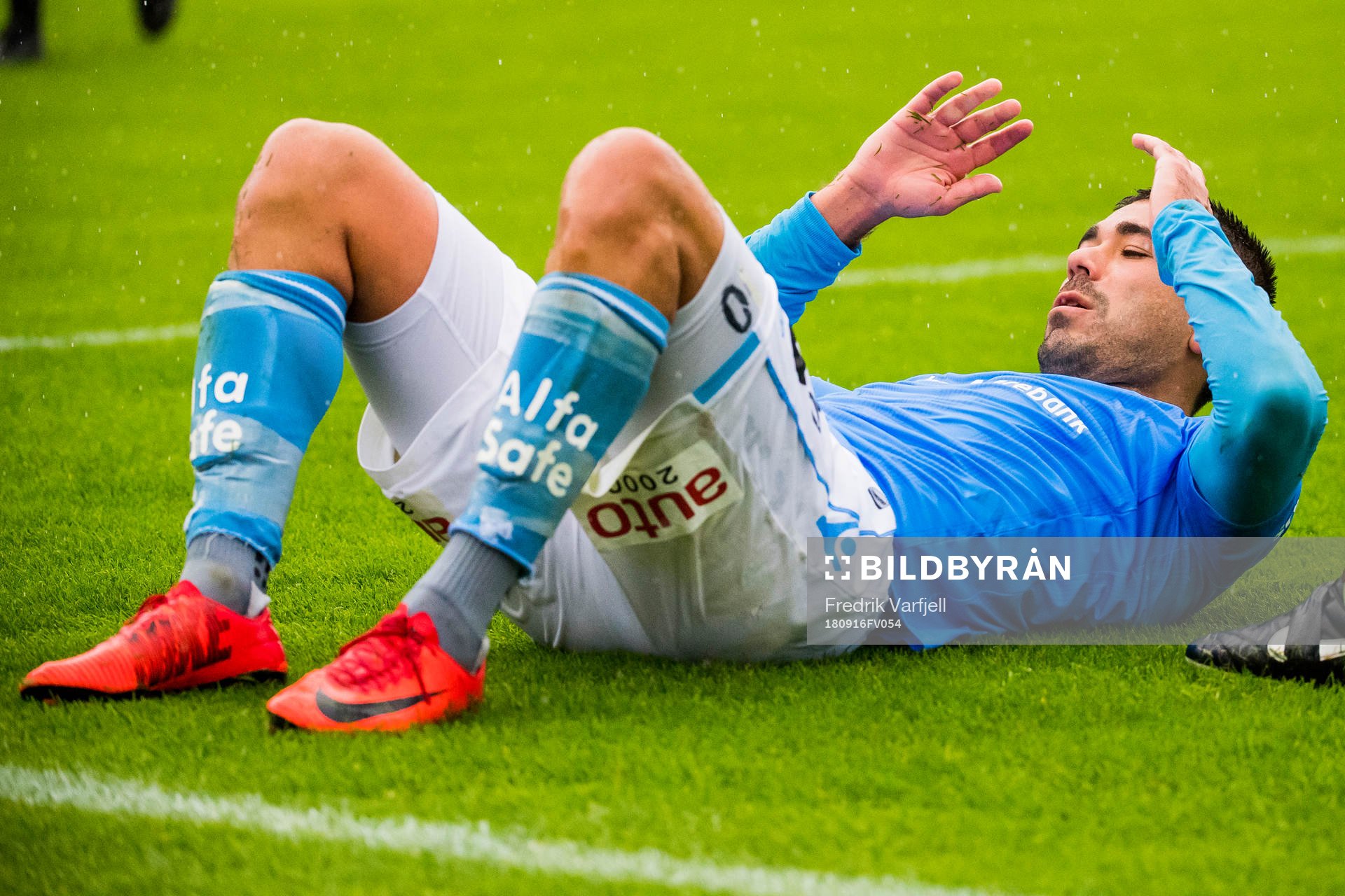 Sanel Kapidzic of Sandnes Ulf lies down with an injury