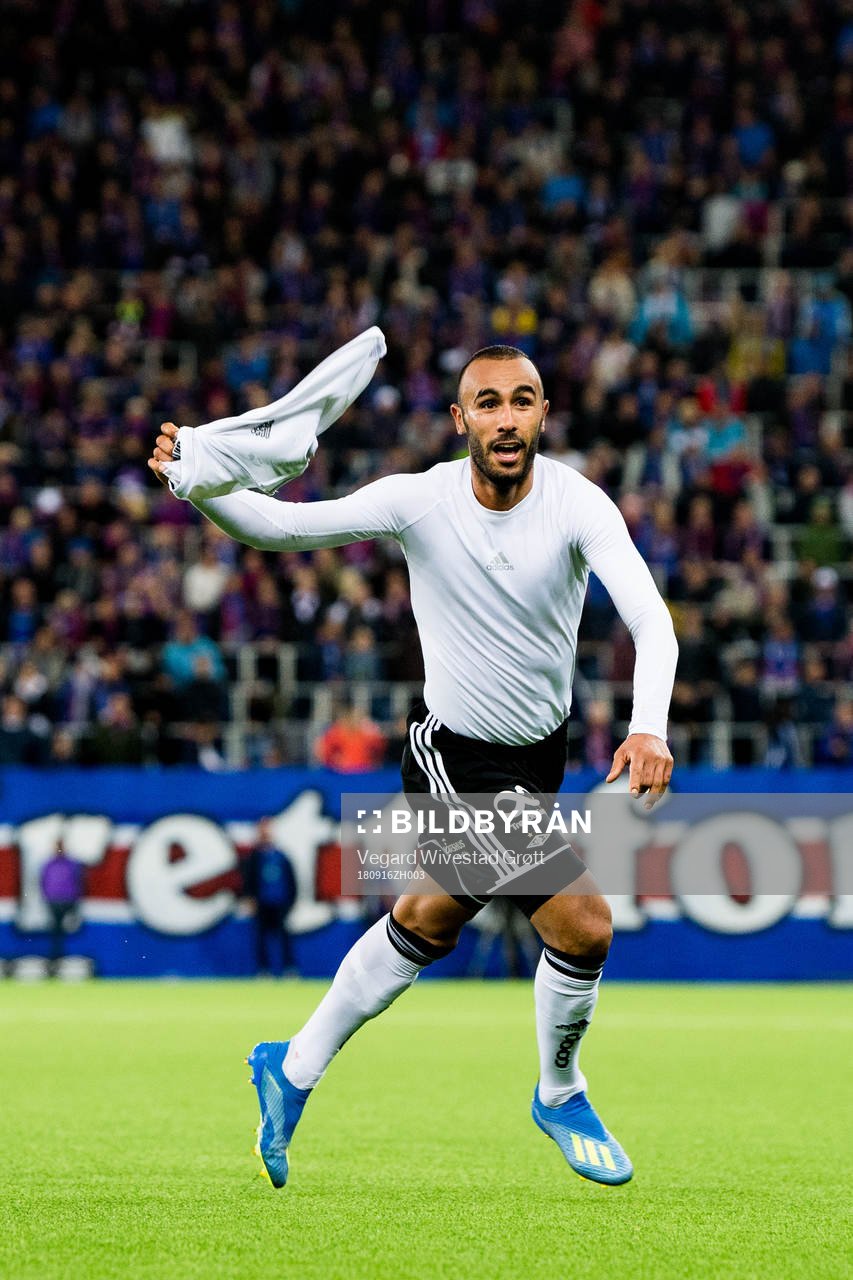 Issam Jebali of Rosenborg celebrates after scoring the 2-3 goal during the Eliteserien match between Vålerenga and Rosenborg on September 16, 2018 in Oslo.