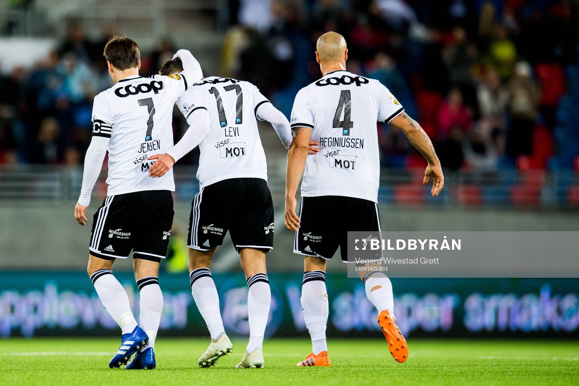 Jonathan Levi of Rosenborg celebrates with Mike Jensen and