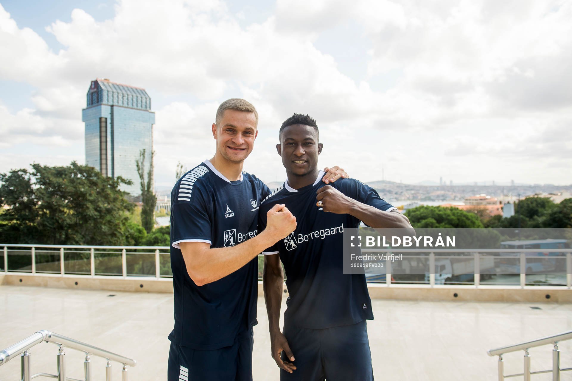 Goalkeeper Aleksandr Vasyutin and Muhammed Usman Edu of Sarpsborg 08 pose for a picture during a press event ahead of the Europa league match between Besiktas and Sarpsborg 08 on September 19, 2018 in Istanbul.