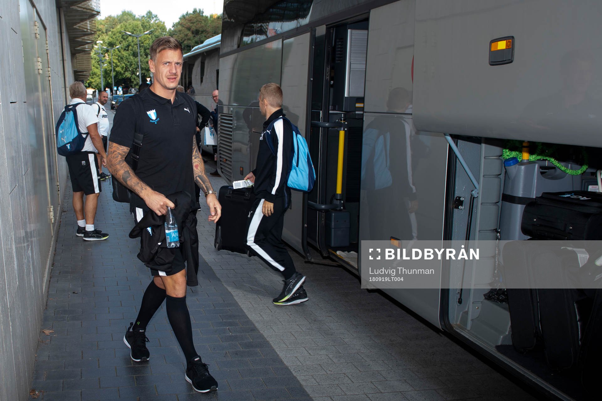 Goalkeeper Johan Dahlin of Malmö FF arrives at the hotel ahead of the Europa League match against Genk on September 19, 2018 in Genk.