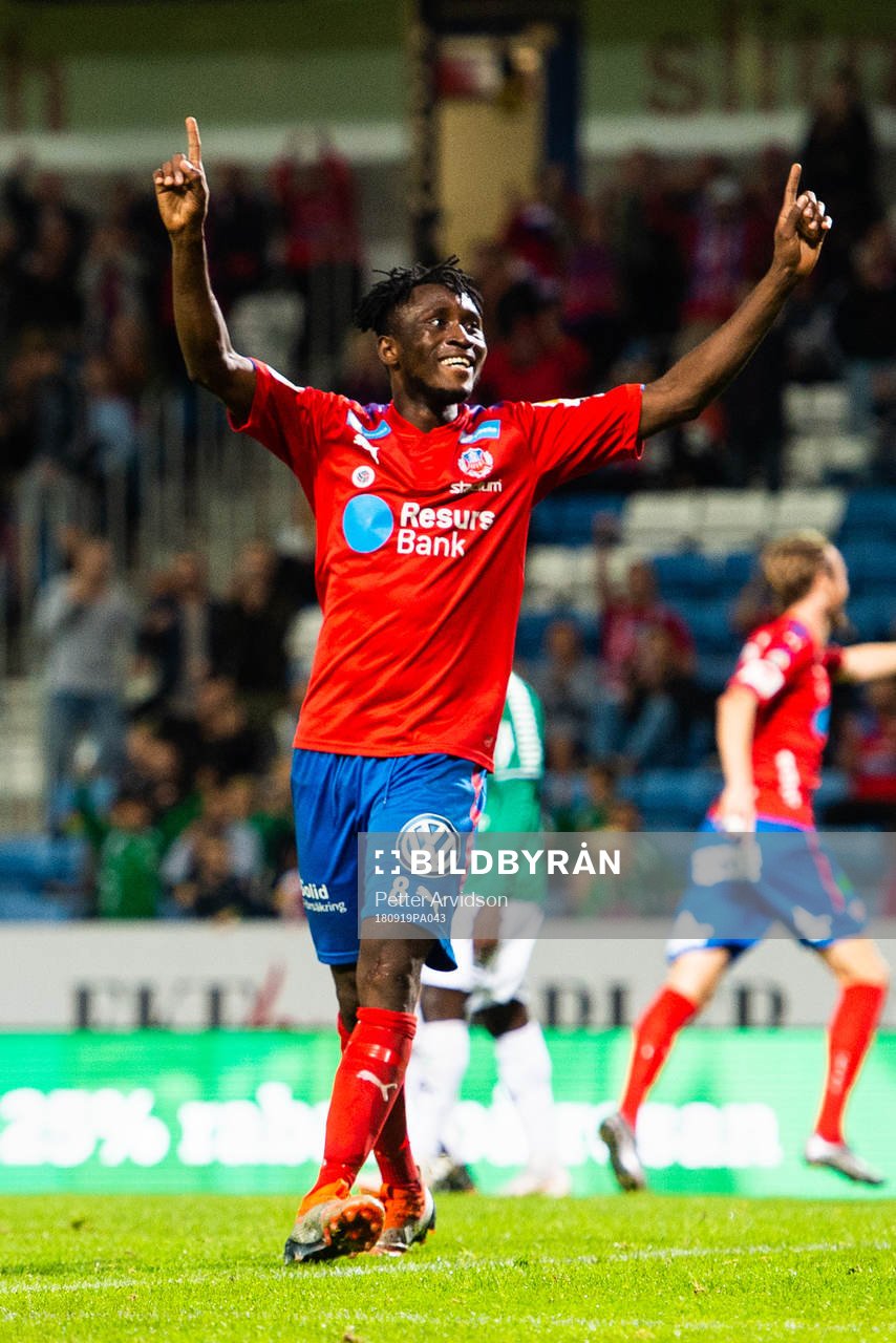 Helsingborgs Mamudu Moro jublar under fotbollsmatchen i Superettan mellan Helsingborg och Brage den 19 september 2018 i Helsingborg.