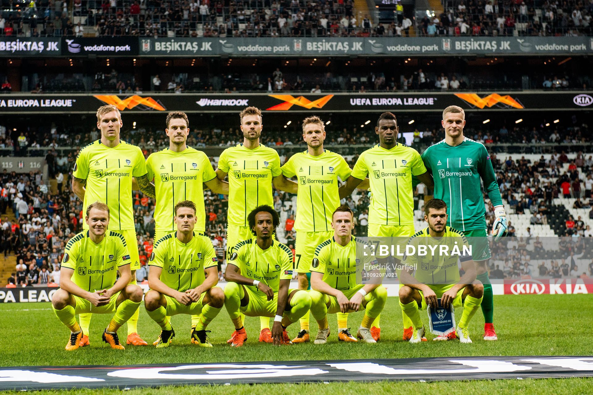 Joonas Tamm (2nd row), Jørgen Horn, Patrick Mortensen, Ole Jørgen Halvorsen, Rashad Muhammed, goalkeeper Aleksandr Vasyutin, Matti Lund Nielsen (1st row), Kristoffer Zachariassen, Amin Askar, Tobias Heintz and Joachim Thomassen of Sarpsborg 08 pose for a team photo ahead of the Europa League match between Besiktas and Sarpsborg 08 on September 20, 2018 in Istanbul.