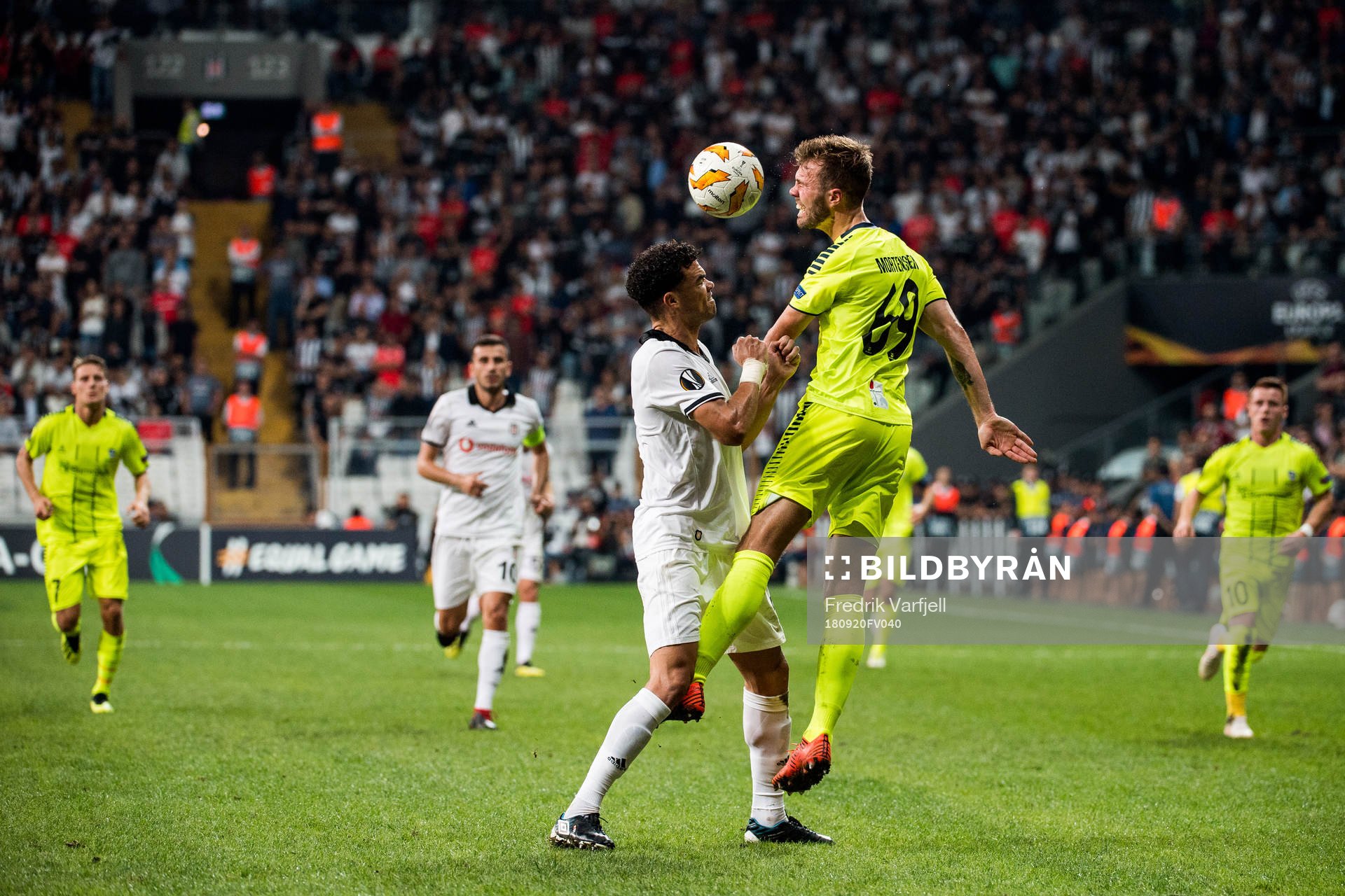 Pepe of Besiktas and Patrick Mortensen of Sarpsborg 08 during the Europa League match between Besiktas and Sarpsborg 08 on September 20, 2018 in Istanbul.