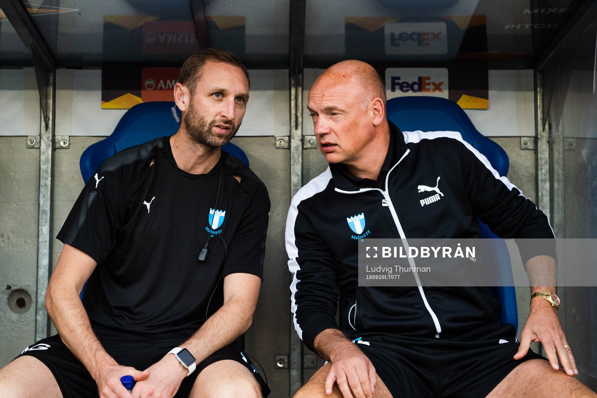 Assistant coach Jens Fjellström and head coach Uwe Rösler ahead of the the Europa League group stage match between Genk and Malmö FF on September 20, 2018 in Genk.