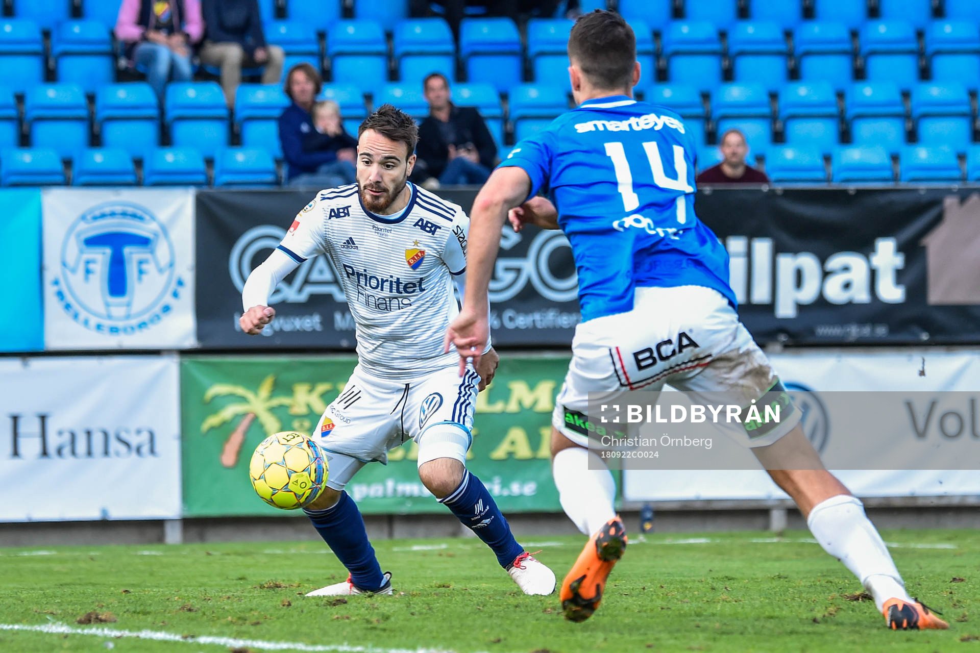 Djurgårdens Dzenis Kozica gör 3-0 under fotbollsmatchen i Allsvenskan mellan Trelleborg och Djurgården den 22 september 2018 i Trelleborg.