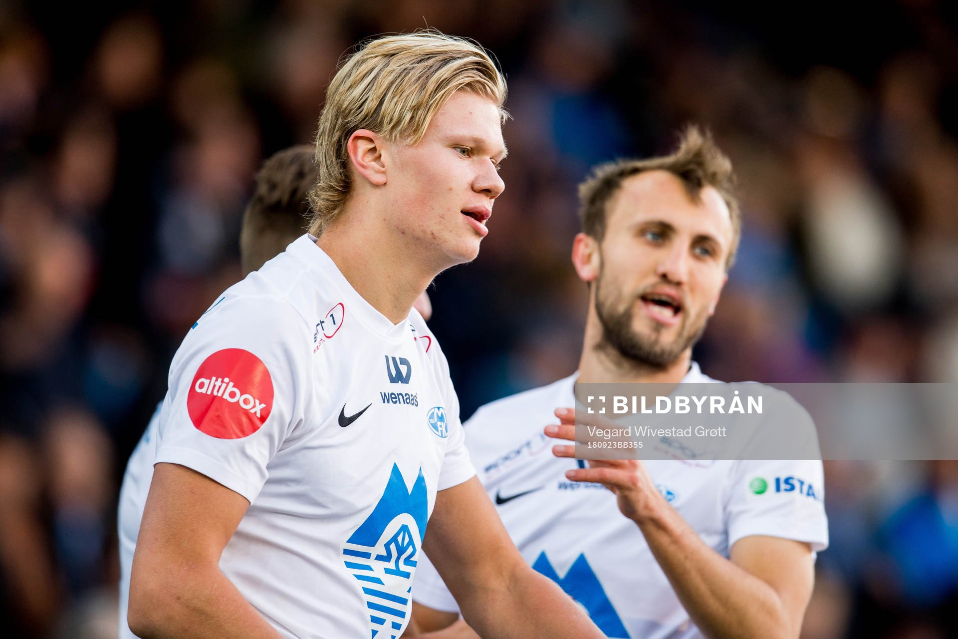 Erling Braut Håland of Molde celebrates with teammate