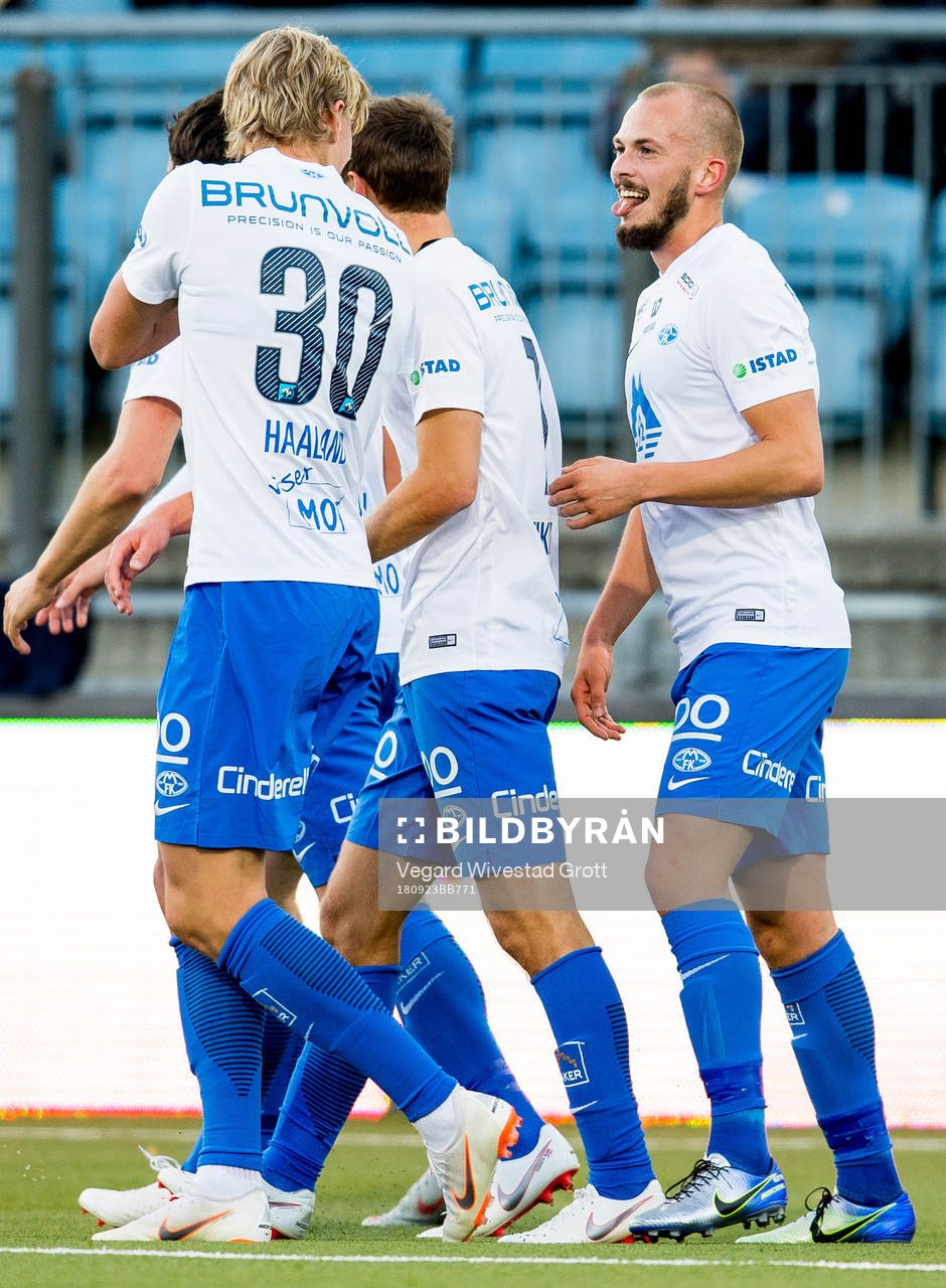 Eirik Hestad of Molde celebrates with teammate Erling Braut