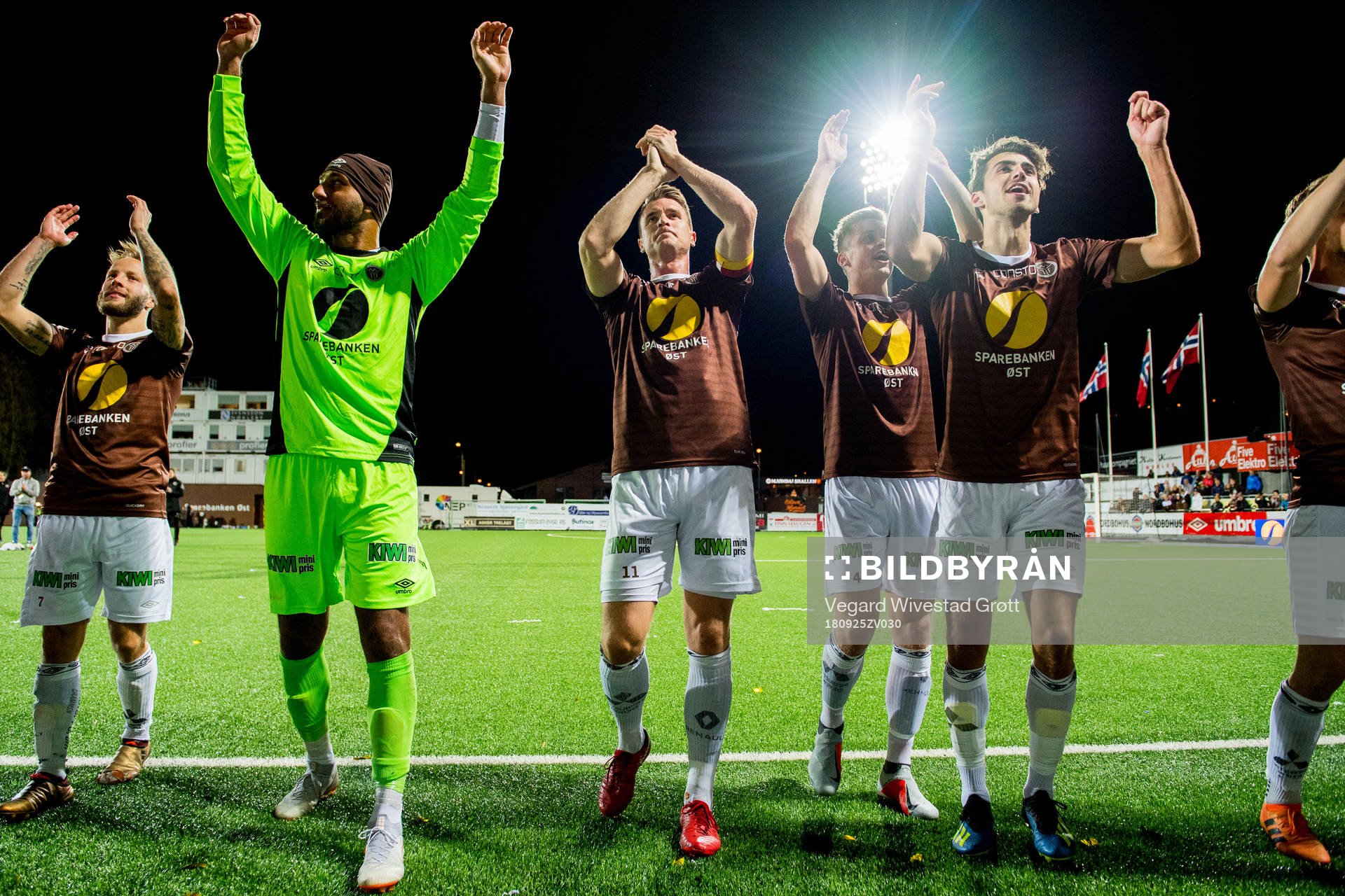 Christian Gauseth, William Sælid Sell and Vetle Dragsnes of Mjøndalen celebrate after the OBOS-ligaen match between Mjøndalen and Aalesund on September 25, 2018 in Mjøndalen.