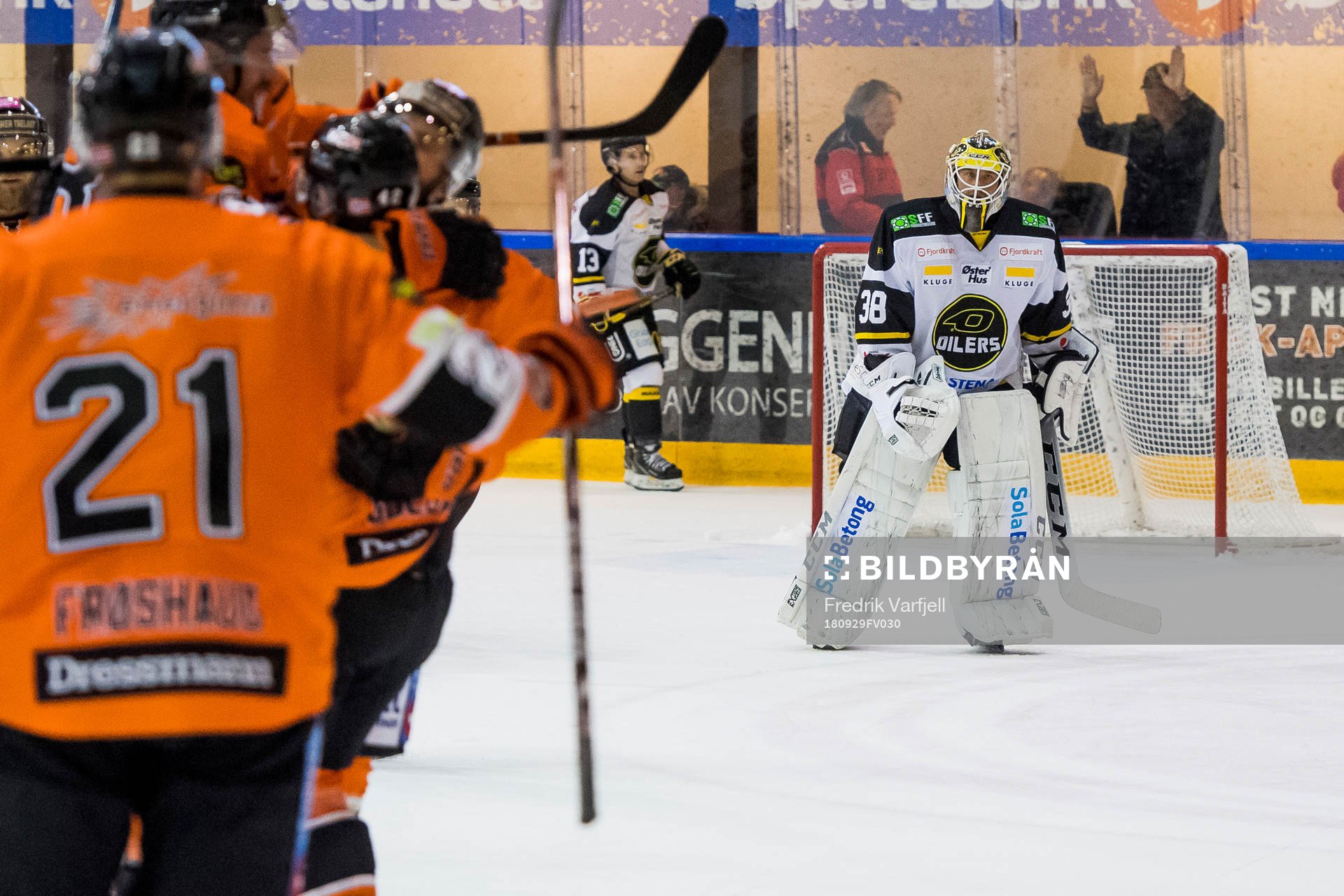 Goaltender Henrik Holm of Stavanger Oilers looks dejected
