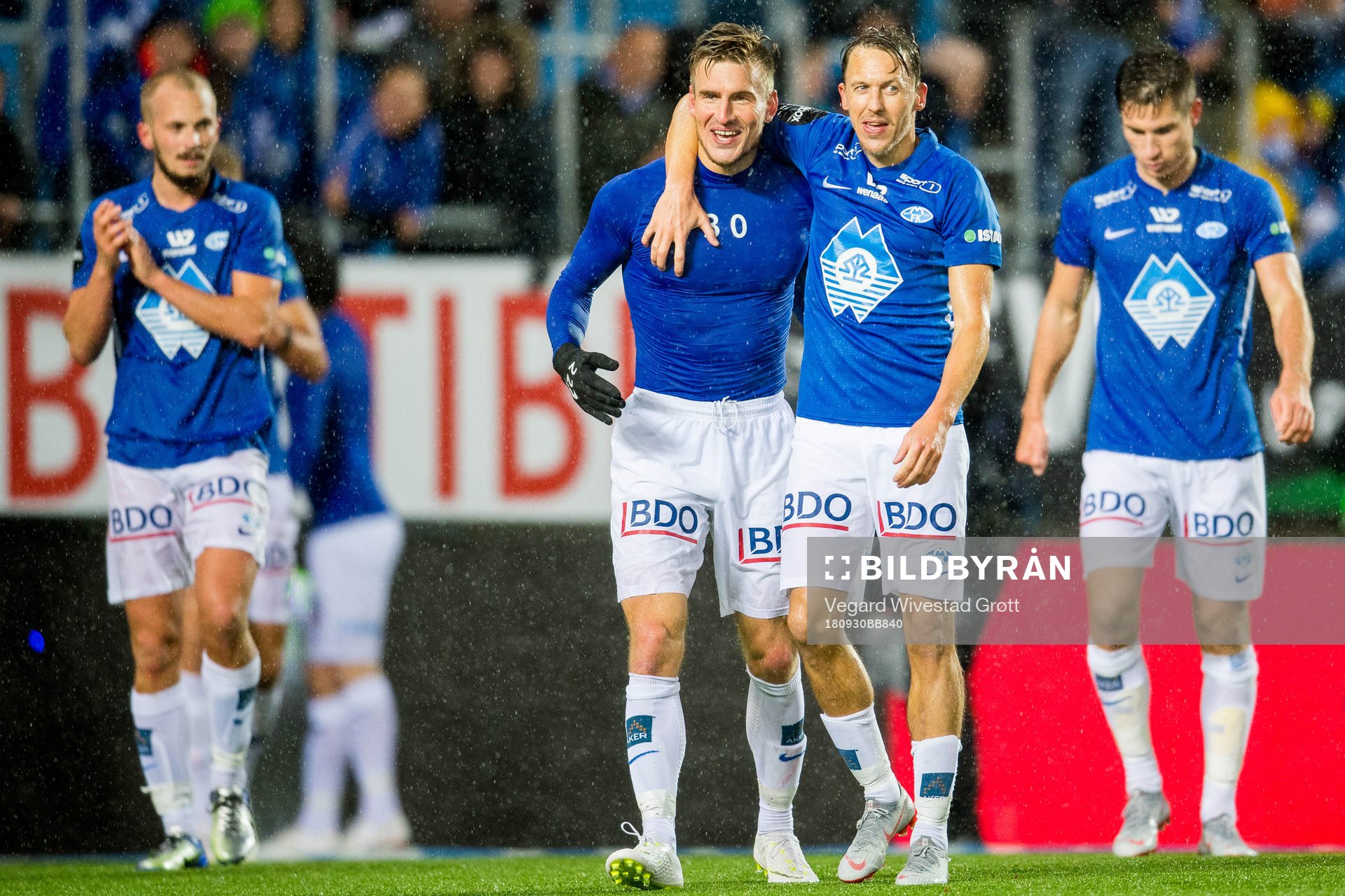 Christoffer Remmer and Mattias Moström of Molde after the Eliteserien match between Molde and Rosenborg on September 30, 2018 in Molde.