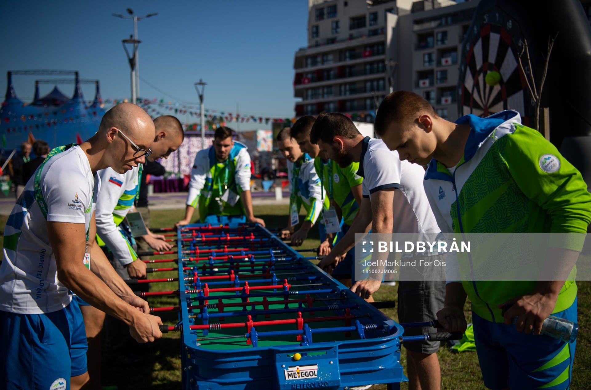 Athletes of team Slovenia play table football at the Youth
