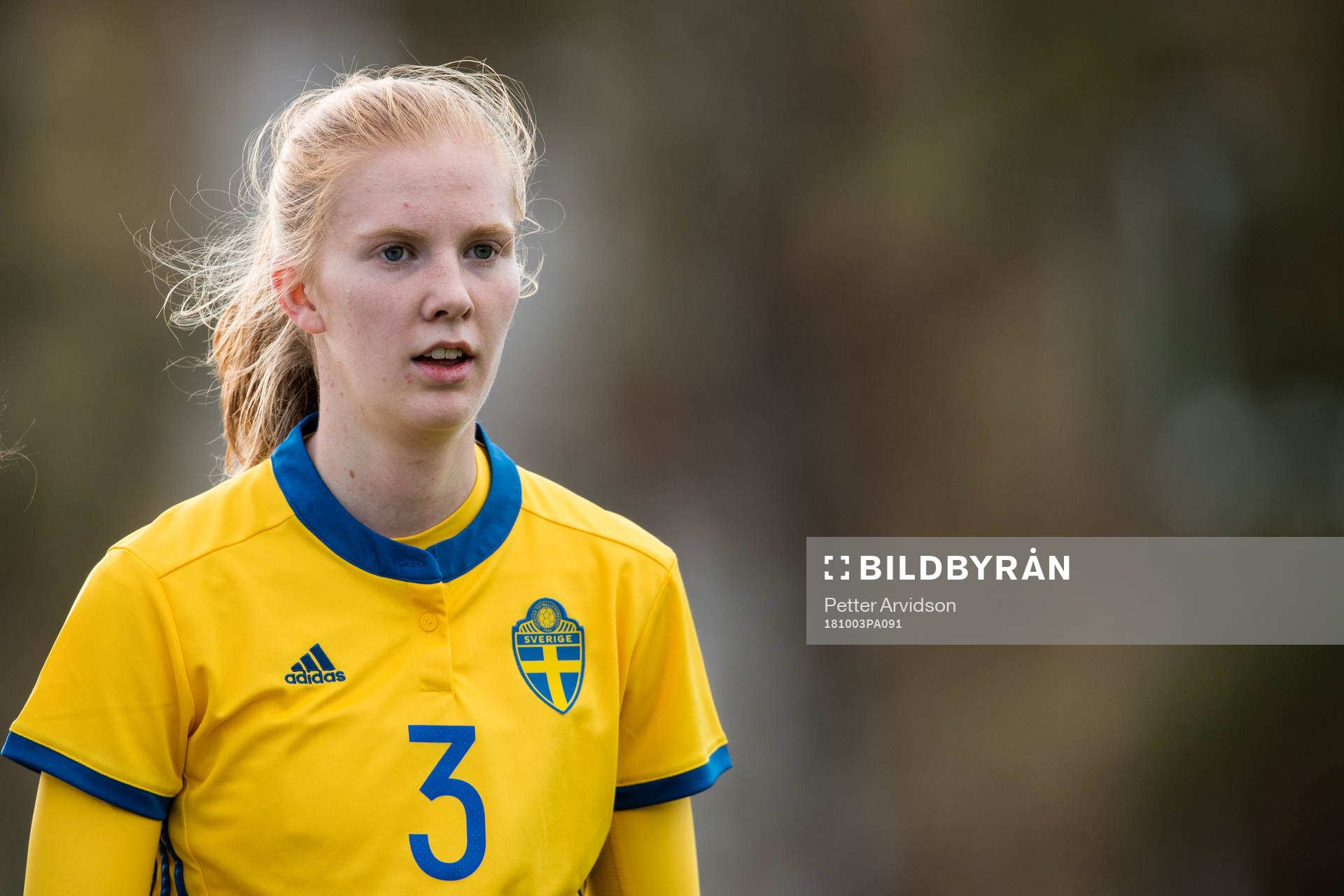 Sveriges Linn Bogren under fotbollsmatchen i EM-kvalet för F18 mellan Sverige och Kazakstan den 3 oktober 2018 i Helsingborg.