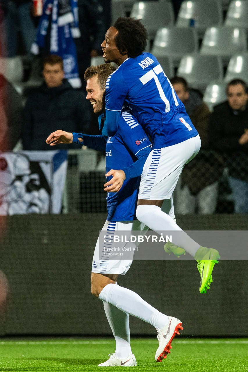 Patrick Mortensen and Amin Askar of Sarpsborg 08 celebrates after 1-0 during the Europa League match between Sarpsborg 08 and Genk on October 4, 2018 in Sarpsborg.