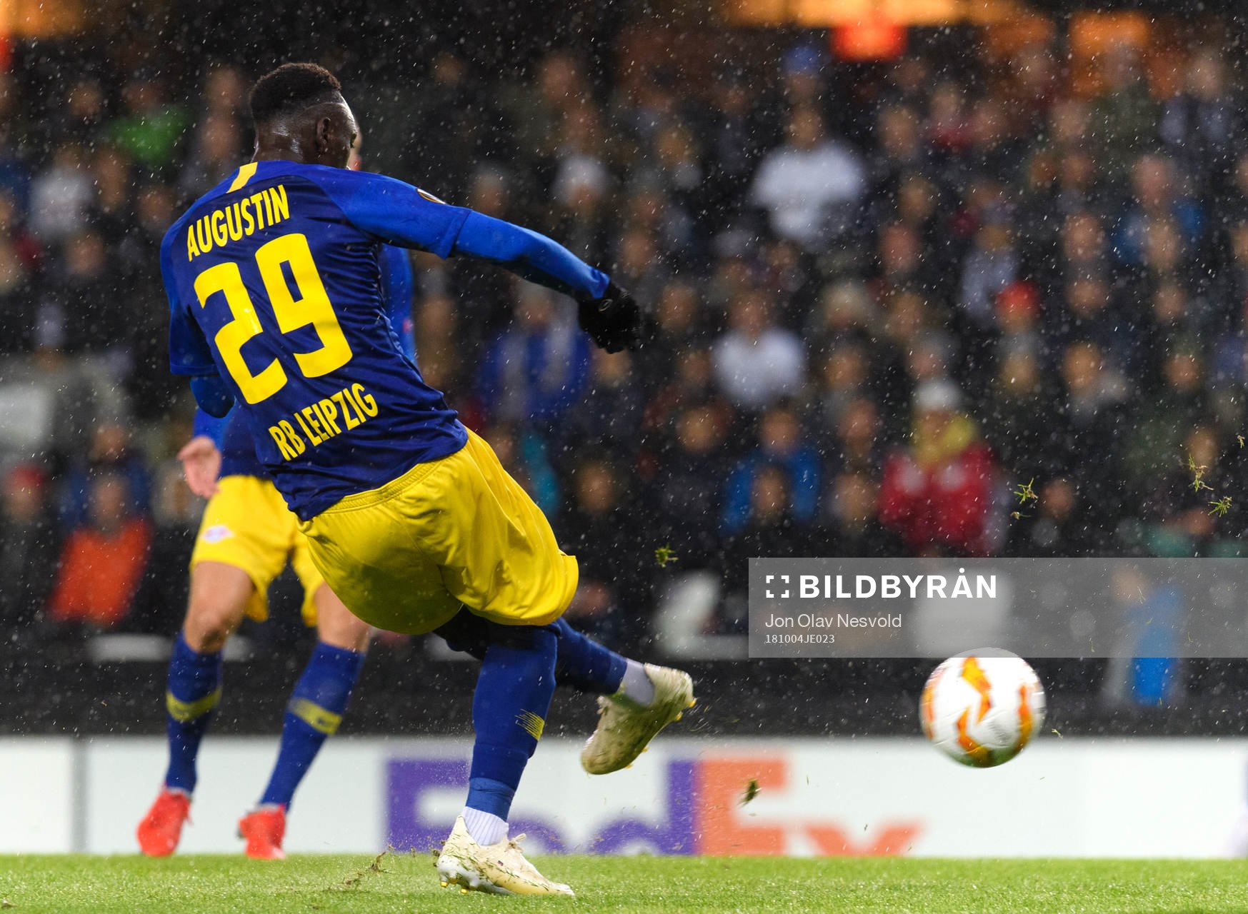 Jean-Kevin Augustin of RB Leipzigscores 0-1 during the Europa League match between Rosenborg and RB Leipzig on October 4, 2018 in Trondheim.