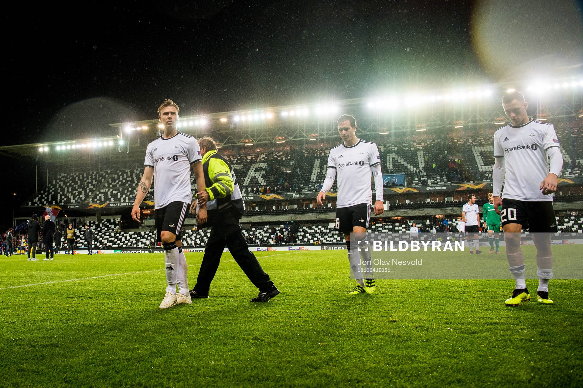 Alexander Søderlund, Anders Konradsen and Alex Gersbach of Rosenborg after the Europa League match between Rosenborg and RB Leipzig on October 4, 2018 in Trondheim.