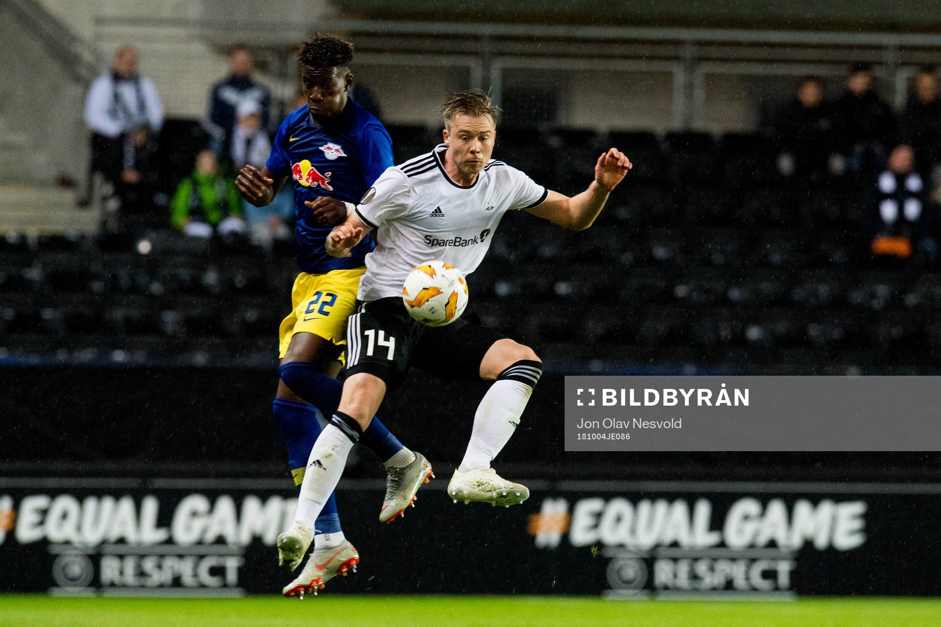 Nordi Mukiele of RB Leipzig and Alexander Søderlund of Rosenborg during the Europa League match between Rosenborg and RB Leipzig on October 4, 2018 in Trondheim.