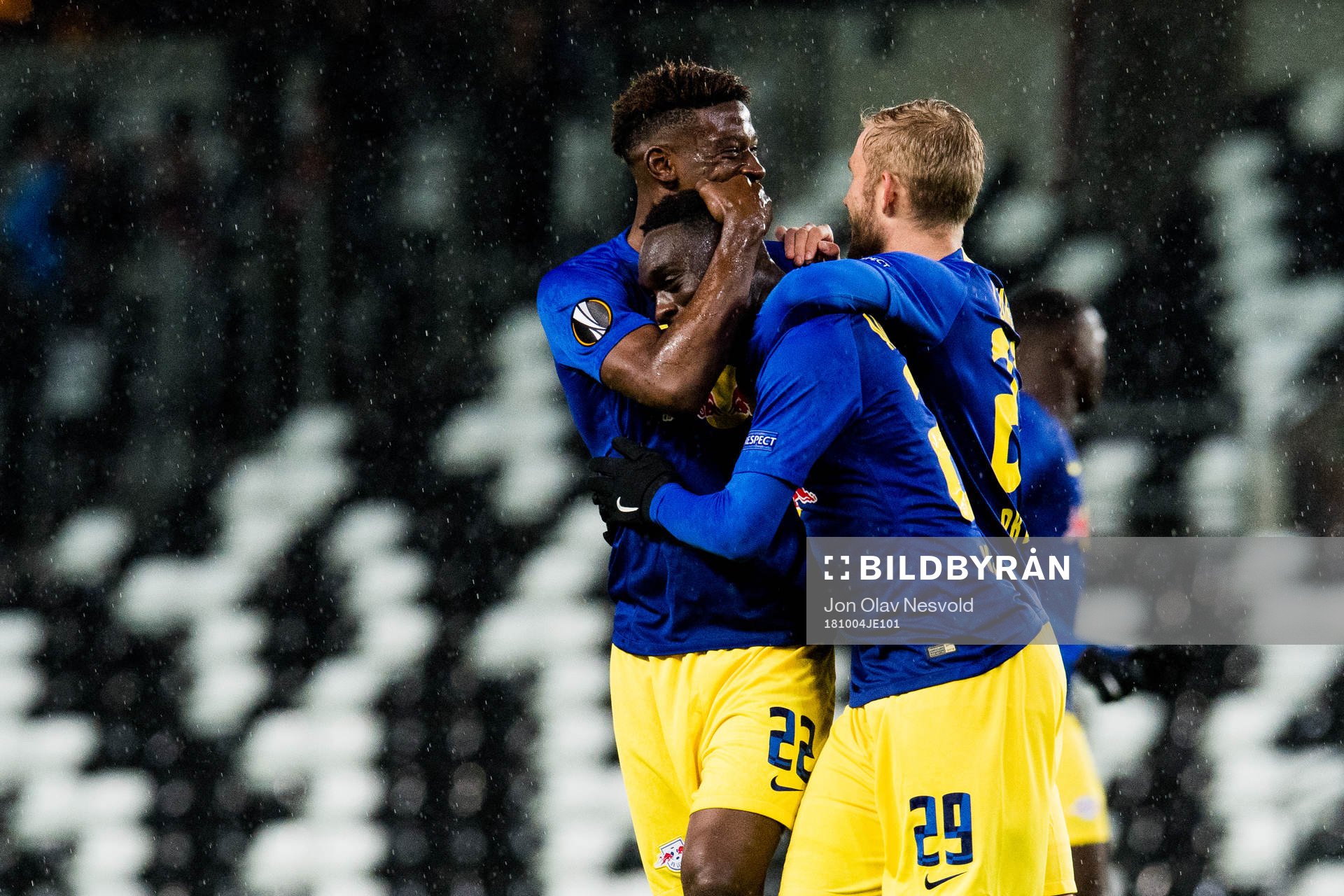Nordi Mukiele and Jean-Kevin Augustin of RB Leipzig celebrate the 0-1 goal during the Europa League match between Rosenborg and RB Leipzig on October 4, 2018 in Trondheim.