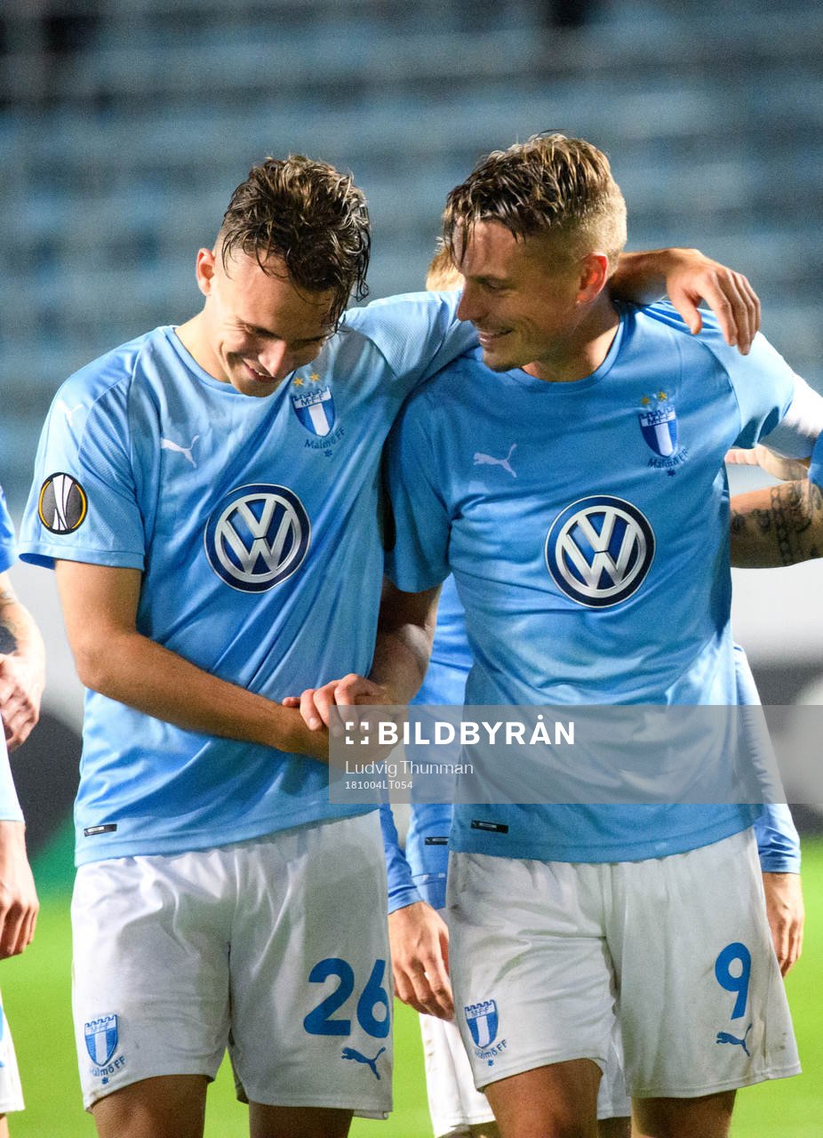 Andreas Vindheim and Markus Rosenberg of Malmö FF celebrates after the Europa League group stage match between Malmö FF and Besiktas on October 4, 2018 in Malmö.