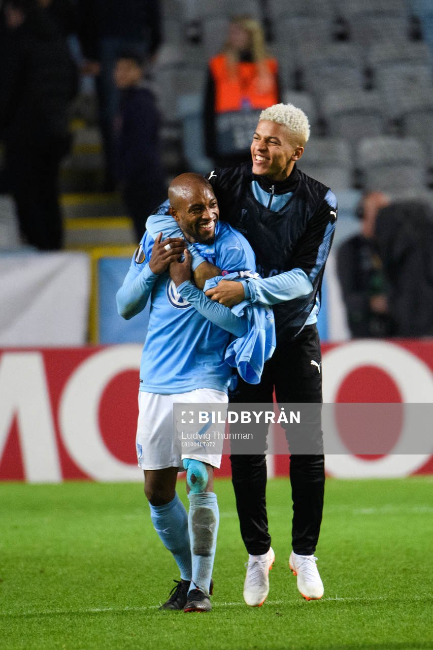 Fouad Bachirou and Romain Gall of Malmö FF celebrates
