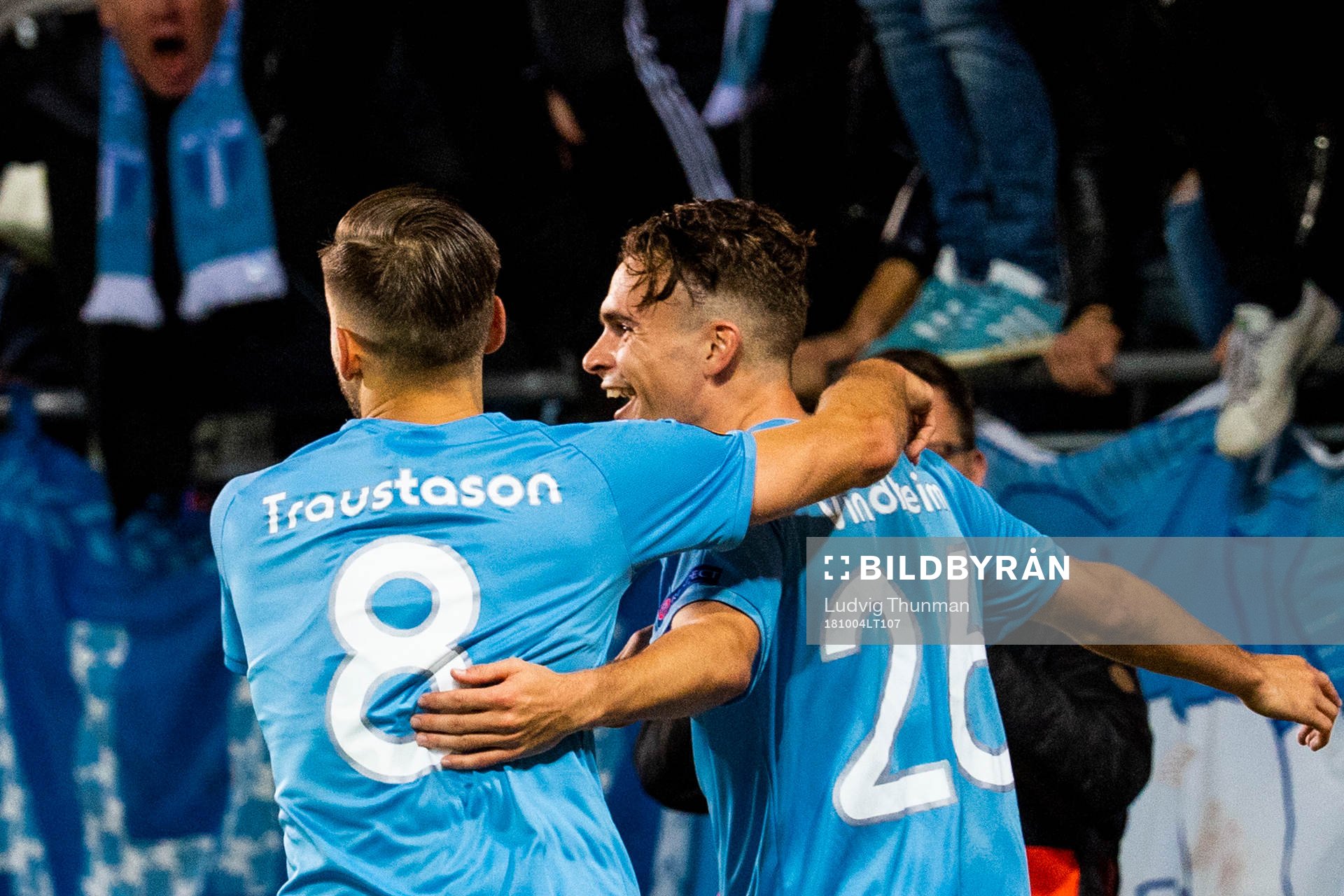 Arnór Ingvi Traustason celebrates with Andreas Vindheim of