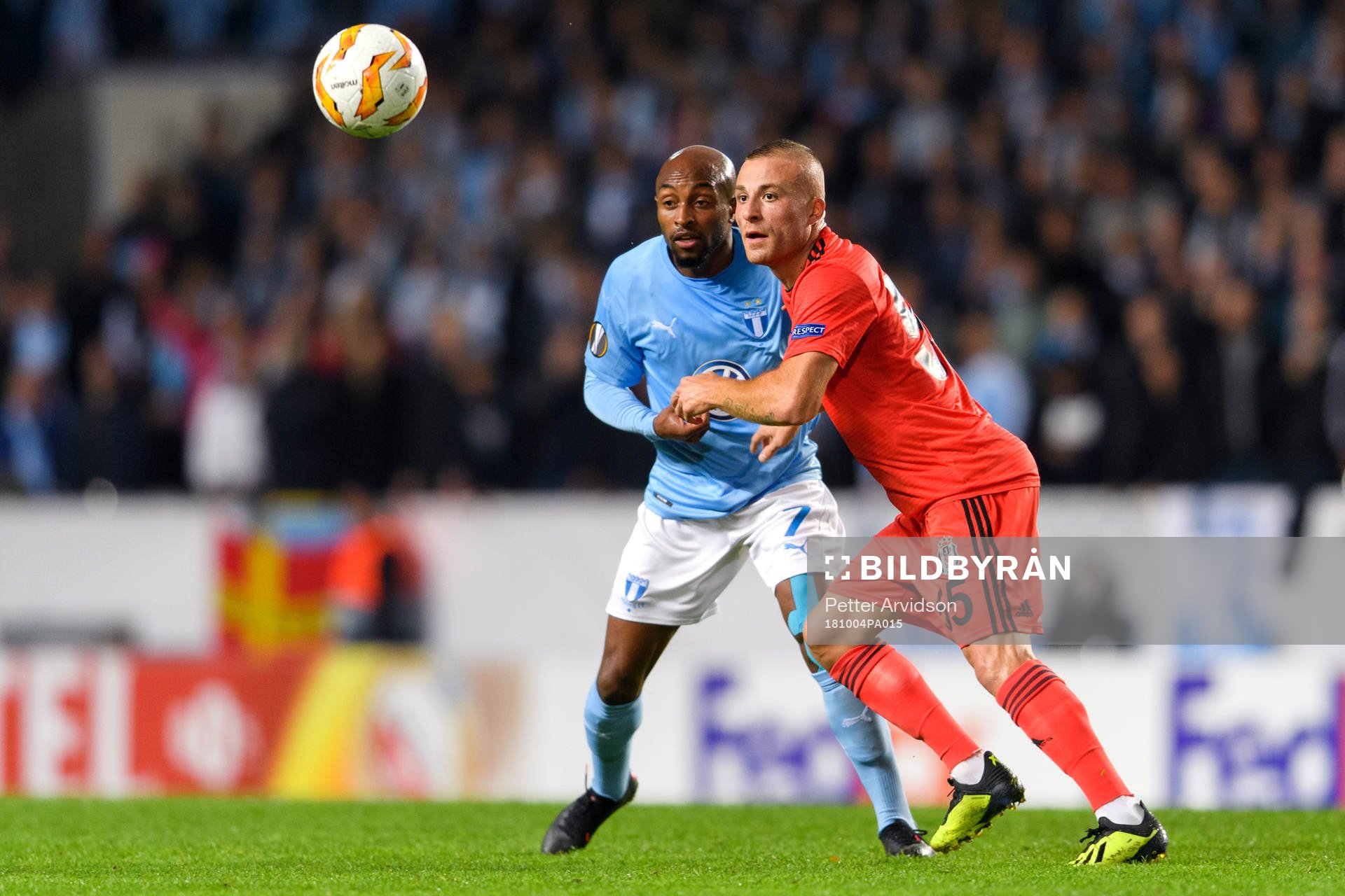 Fouad Bachirou of Malmö FF and Gökan Före of Besiktas during the Europa League group stage match between Malmö FF and Besiktas on October 4, 2018 in Malmö.